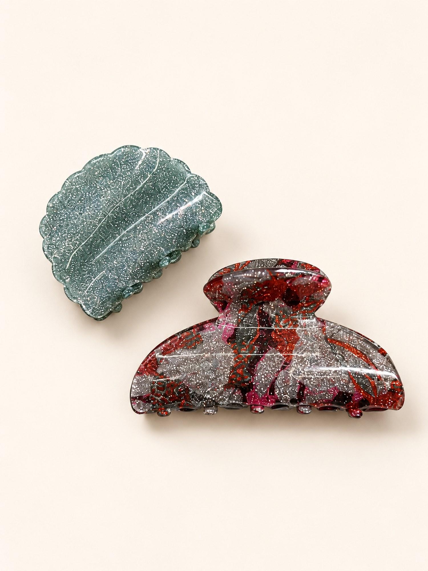 Glitter and Printed Hair Claw Clip Combo - Pack of 2 (Sage Glitter & Printed Red)