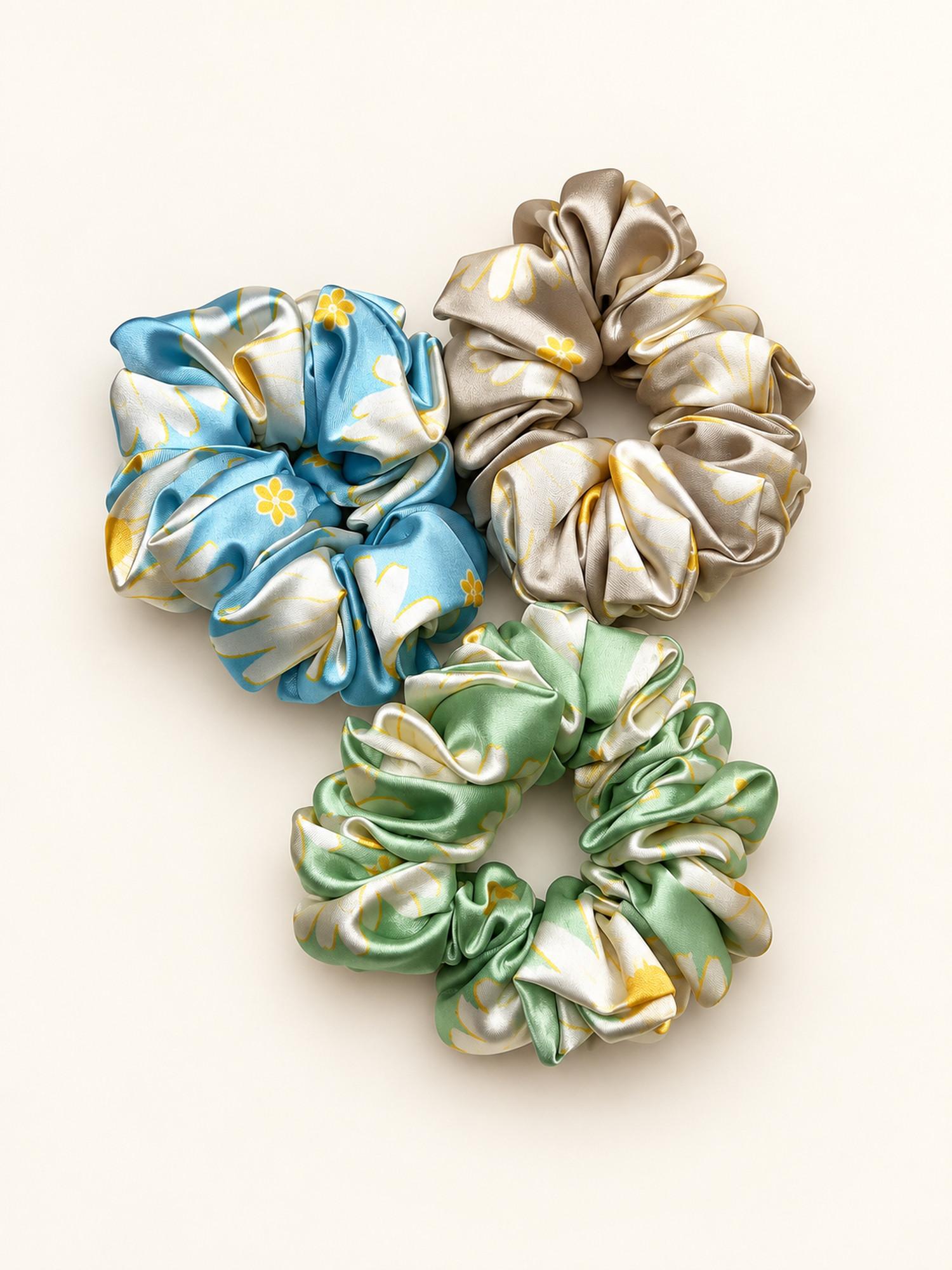 Printed Satin Hair Scrunchie Combo - Pack of 3 (Champagne, Sage Green & Sky Blue)