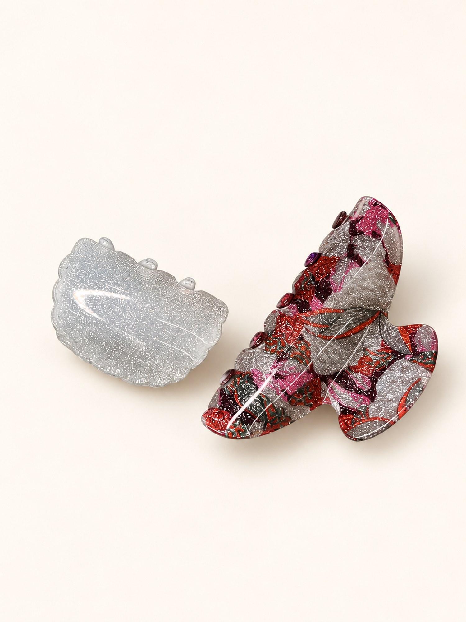 Glitter and Printed Hair Claw Clip Combo - Pack of 2 (Silver Glitter & Printed Red)