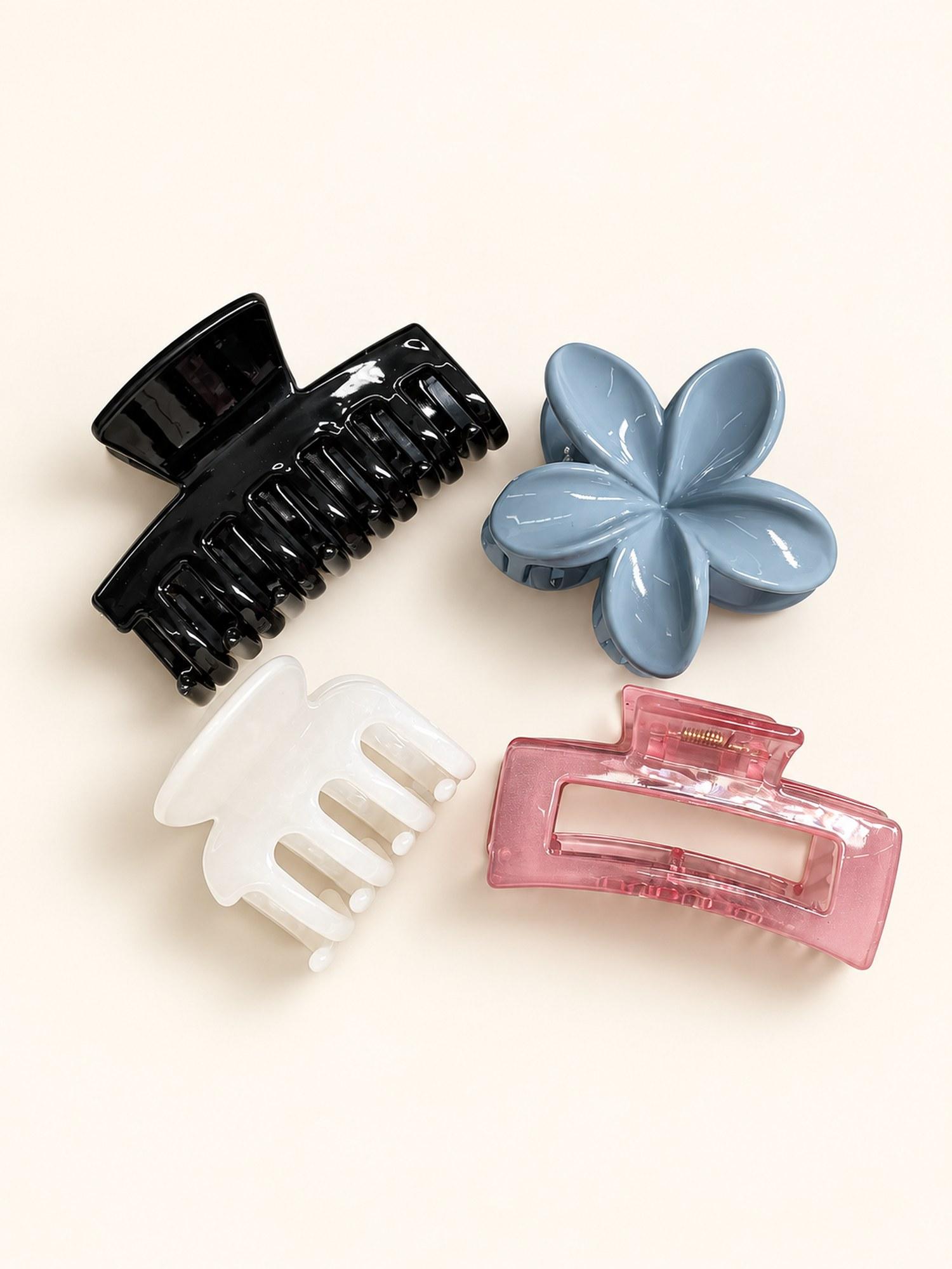 Four Style Hair Claw Clip Combo - Pack of 4 (Black, Blue, White & Pink)