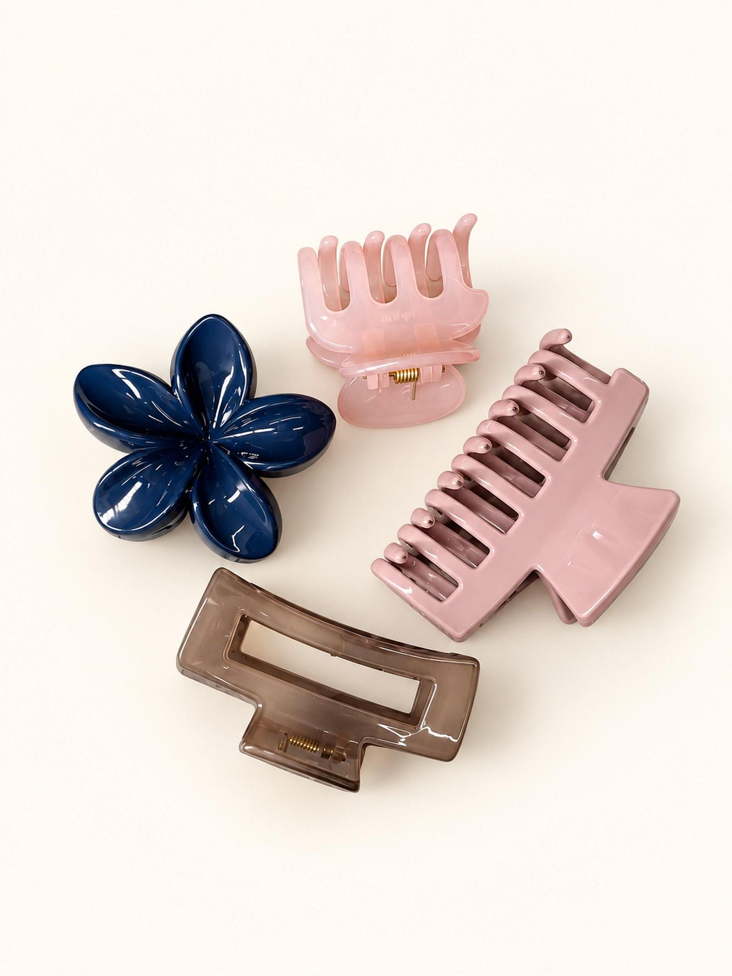Four Style Hair Claw Clip Combo - Pack of 4 (Navy, Pink & Brown)