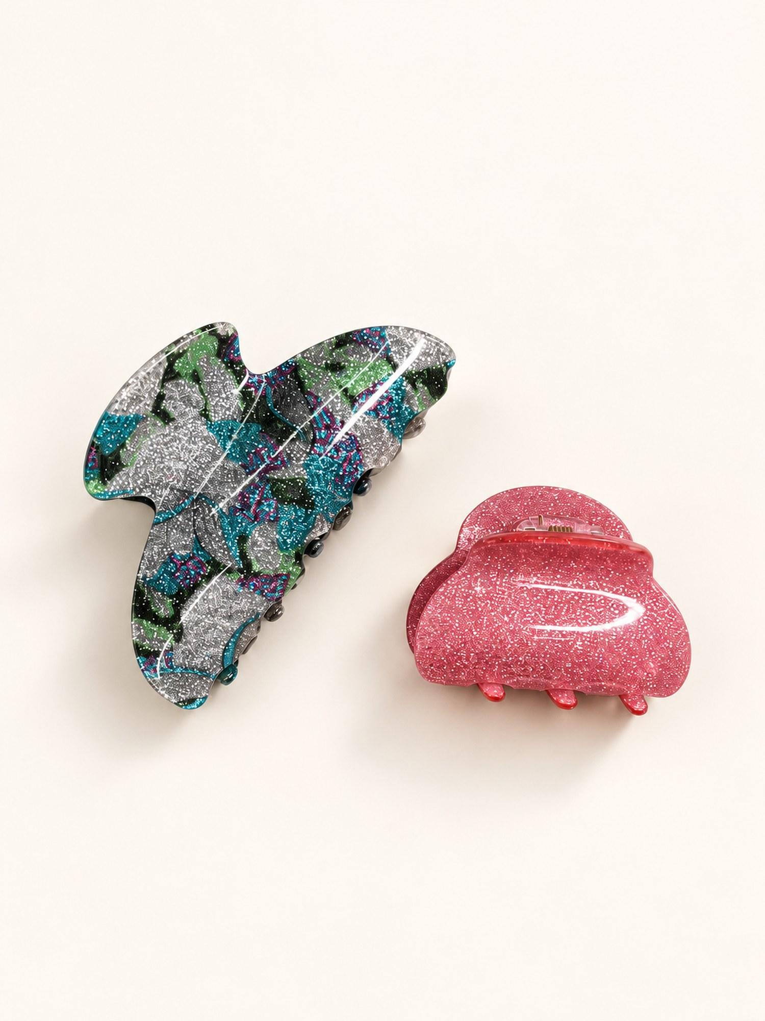 Glitter and Printed Hair Claw Clip Combo - Pack of 2 (Pink Glitter & Multicolour Print)