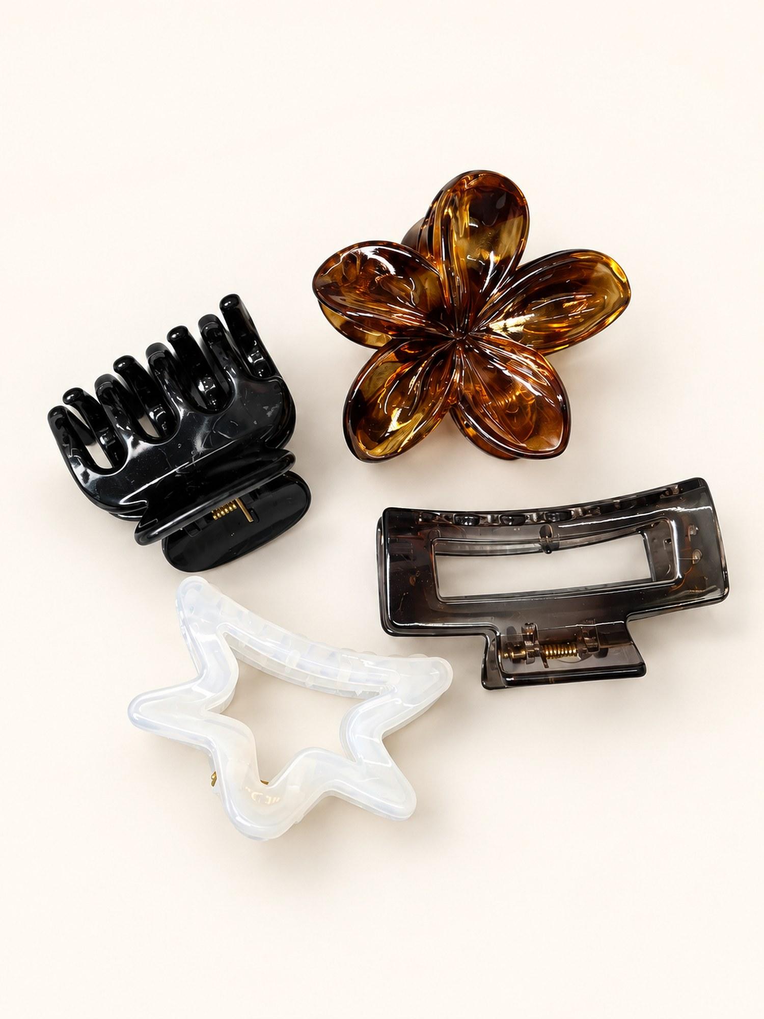 Four Style Hair Claw Clip Combo - Pack of 4 (Black, Amber, White & Smoke)