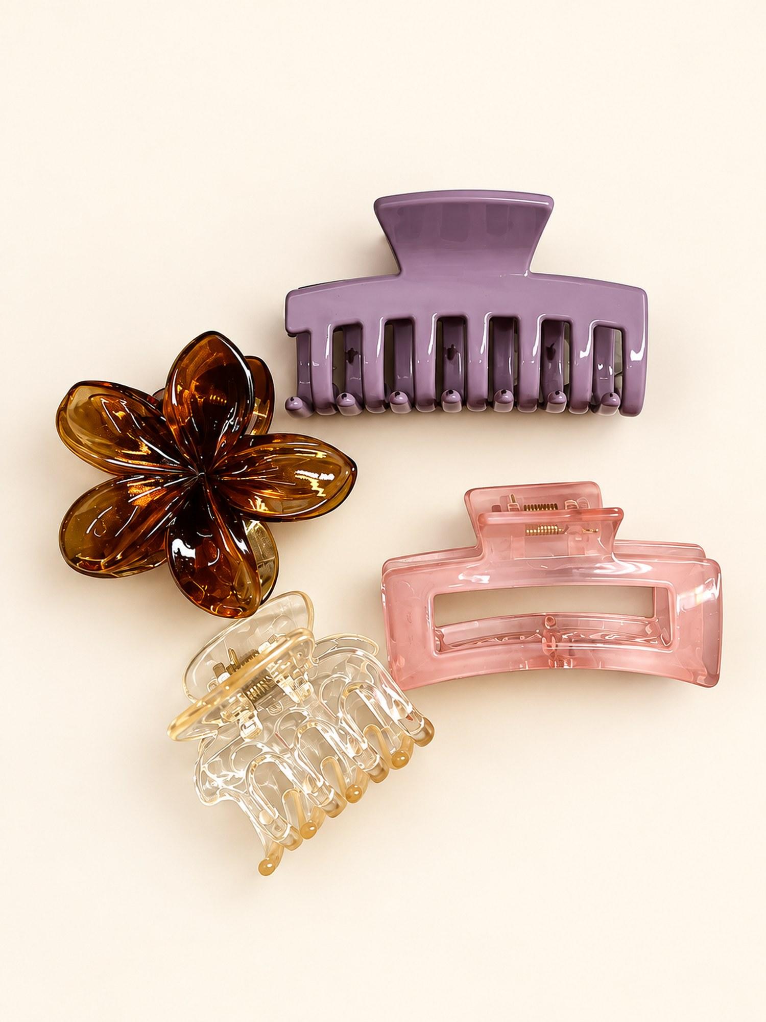 Four Style Hair Claw Clip Combo - Pack of 4 (Lilac, Brown, Clear & Pink)