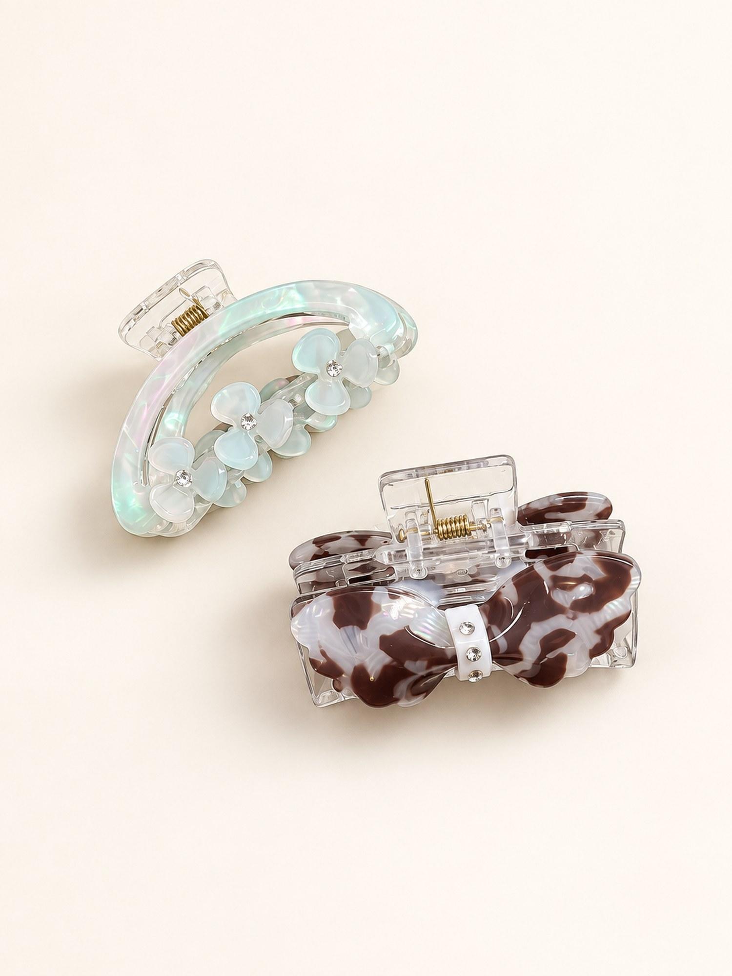 Flower Detail Hair Claw Clip Combo - Pack of 2 (Ivory Flower & Tortoiseshell)