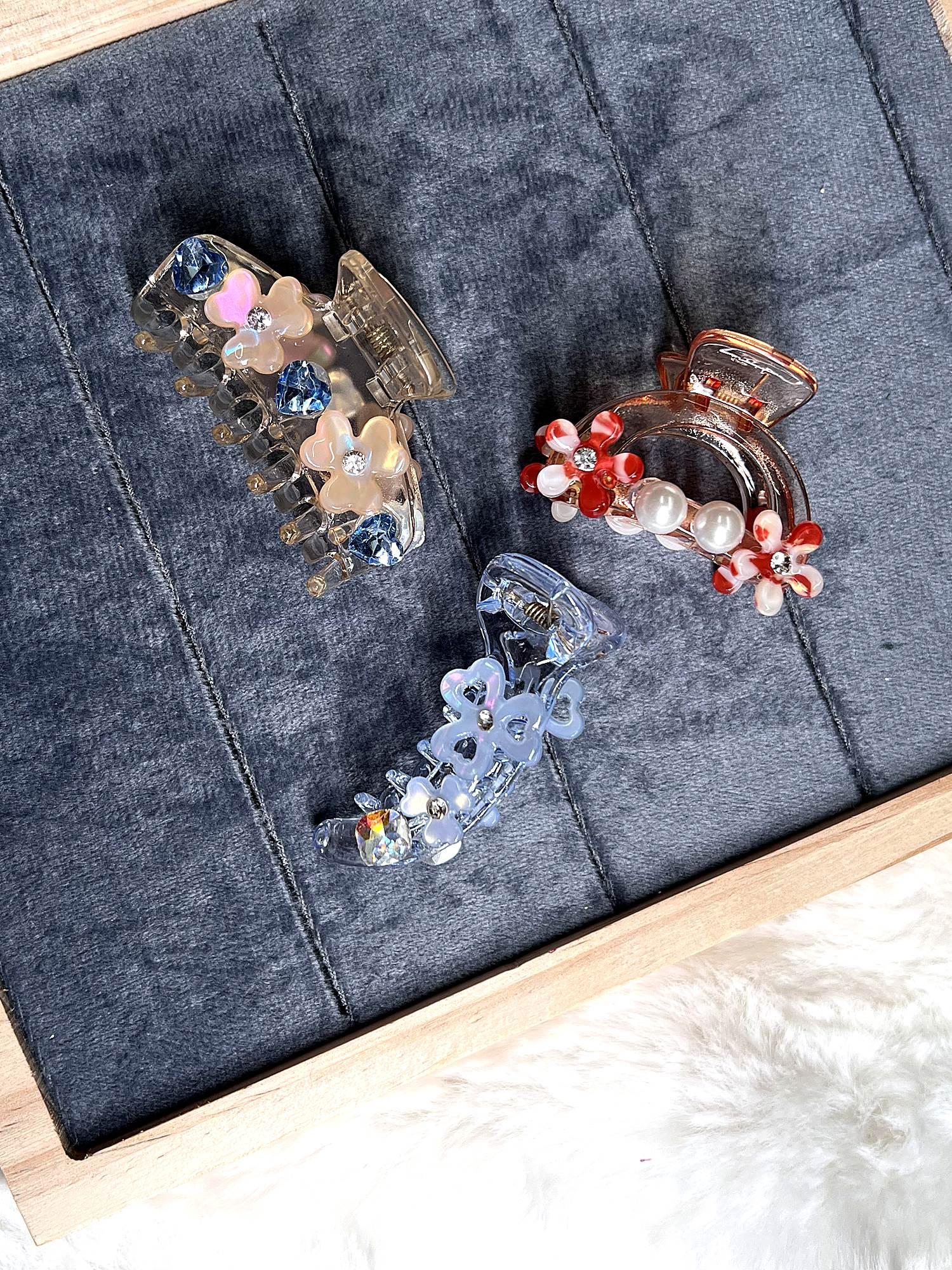 Floral Embellished Claw Clip 3-Piece Combo for Women