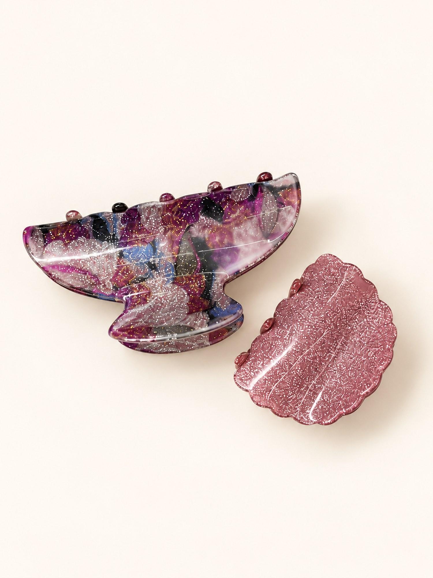 Glitter and Printed Hair Claw Clip Combo - Pack of 2 (Pink Glitter & Printed Red)