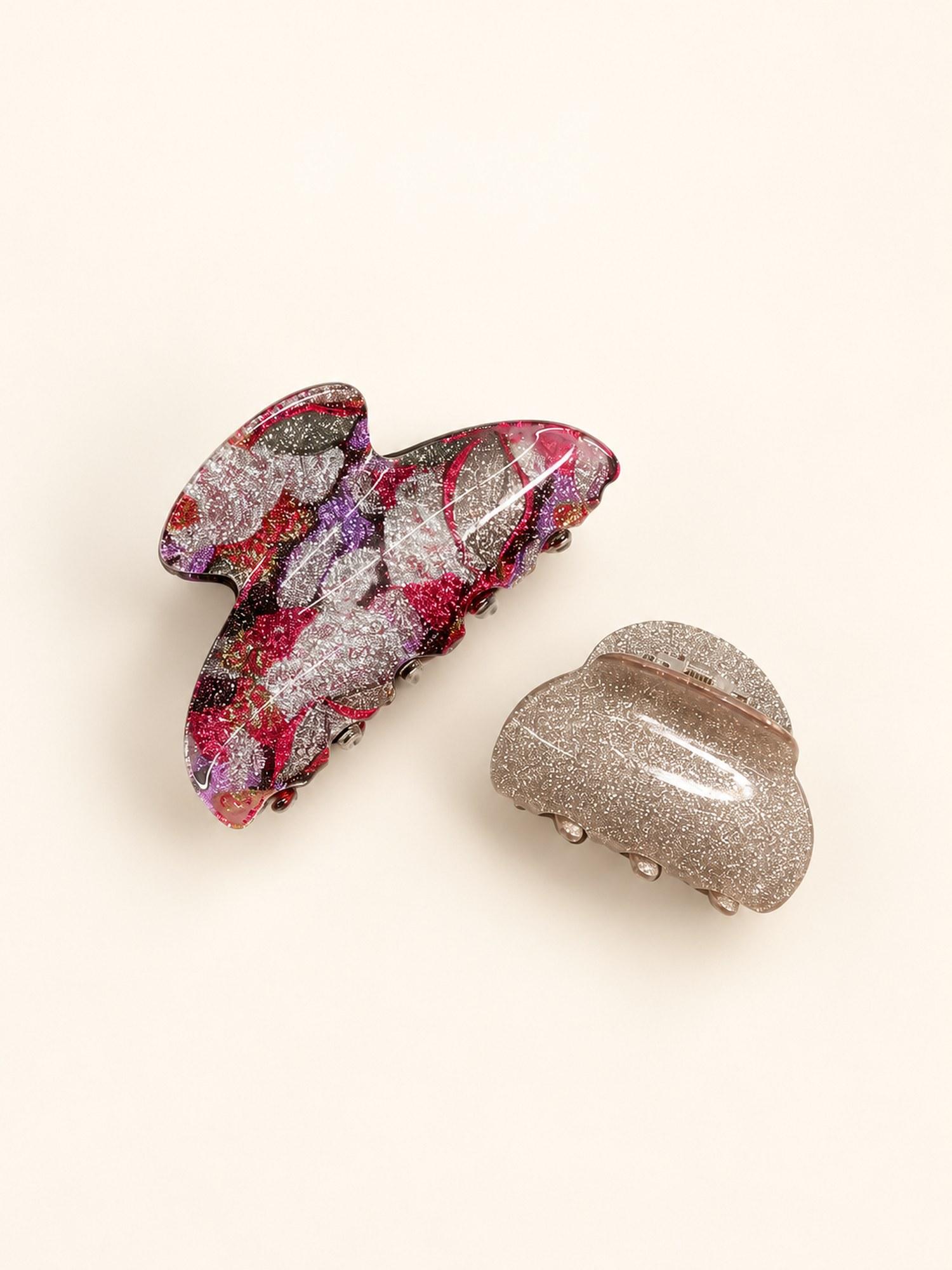 Glitter and Printed Hair Claw Clip Combo - Pack of 2 (Champagne Glitter & Floral Print)