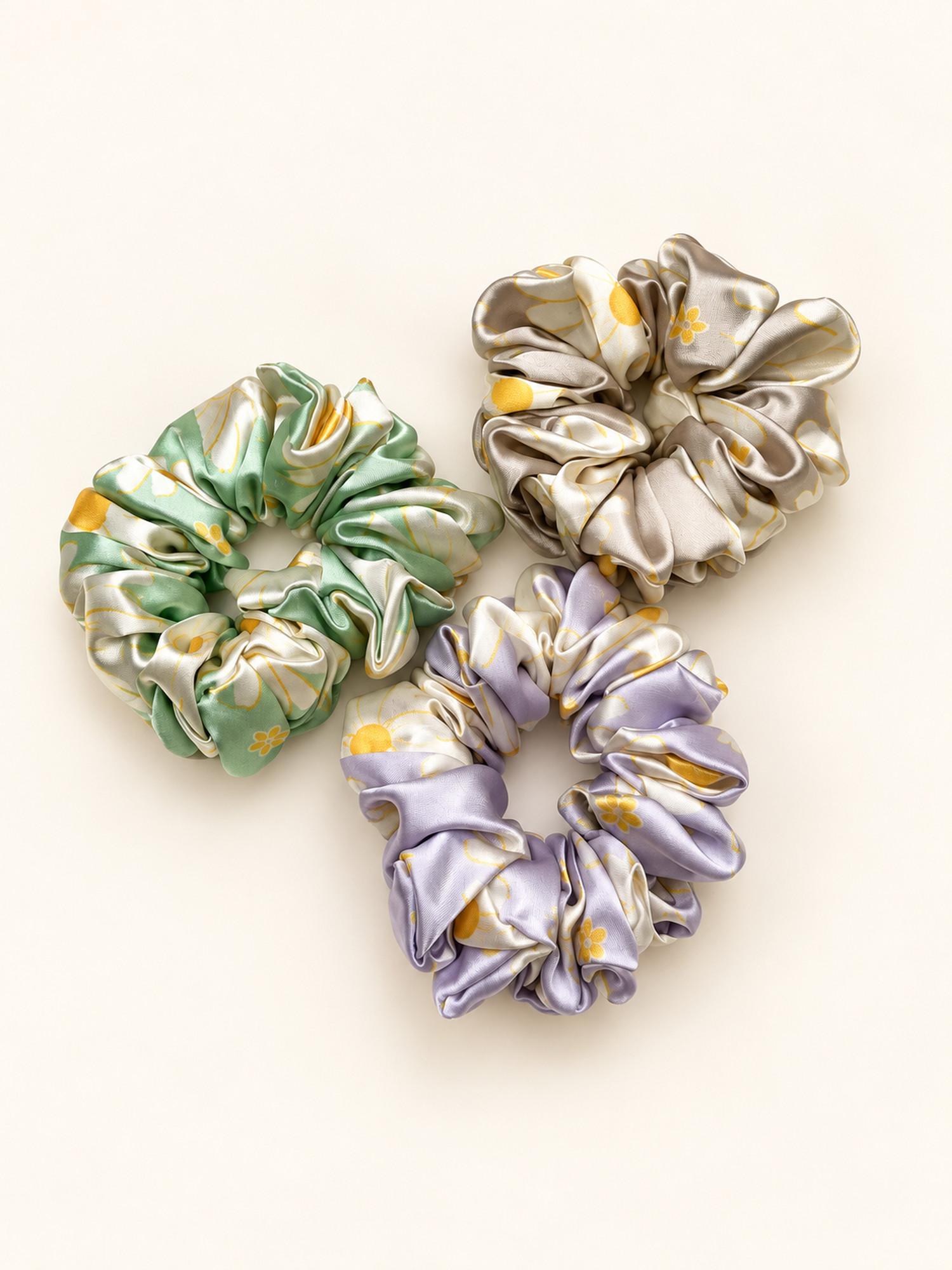 Printed Satin Hair Scrunchie Combo - Pack of 3 (Champagne, Sage Green & Lavender)