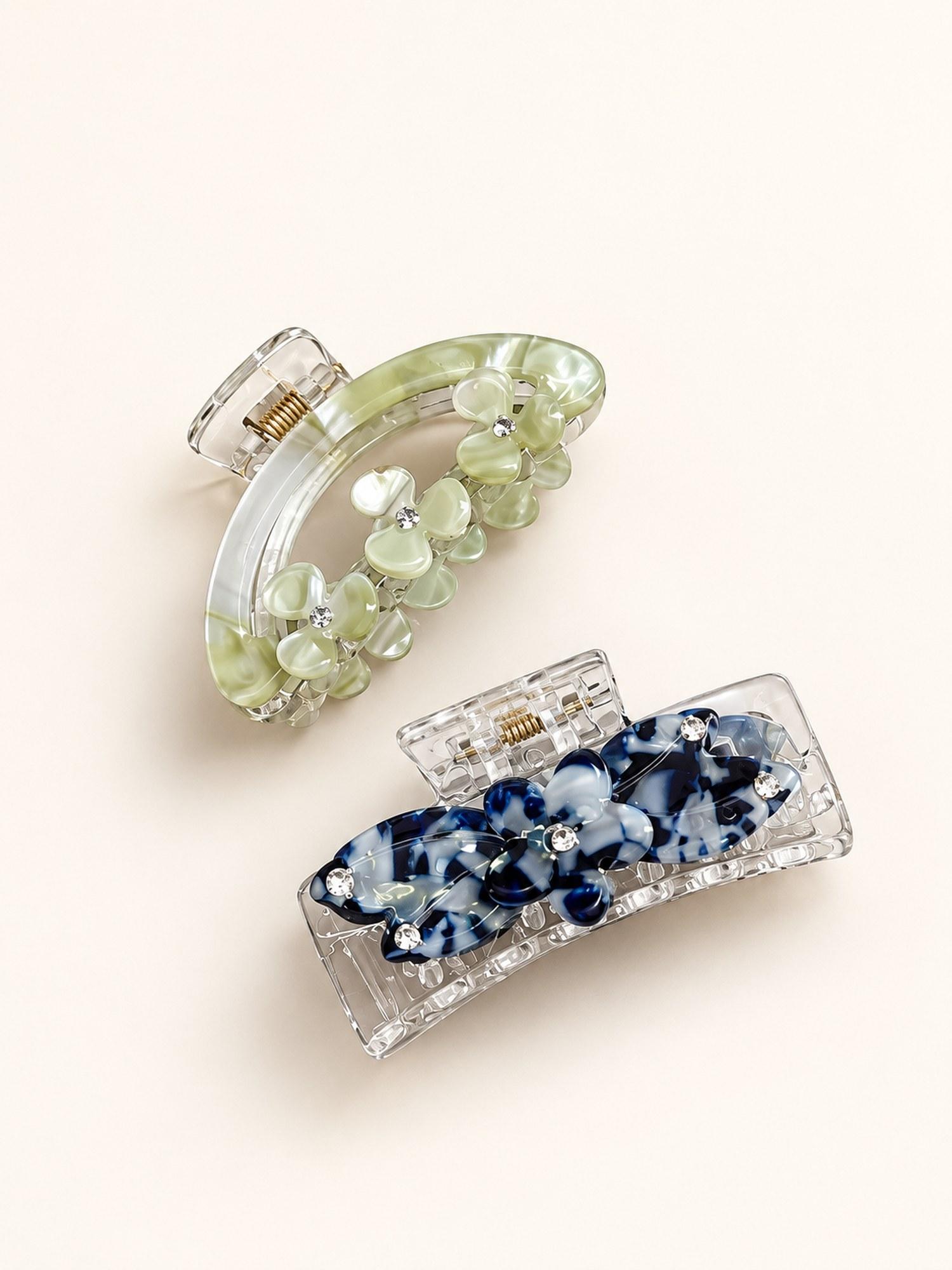 Flower Detail Hair Claw Clip Combo - Pack of 2 (Yellow Flower & Blue Floral)