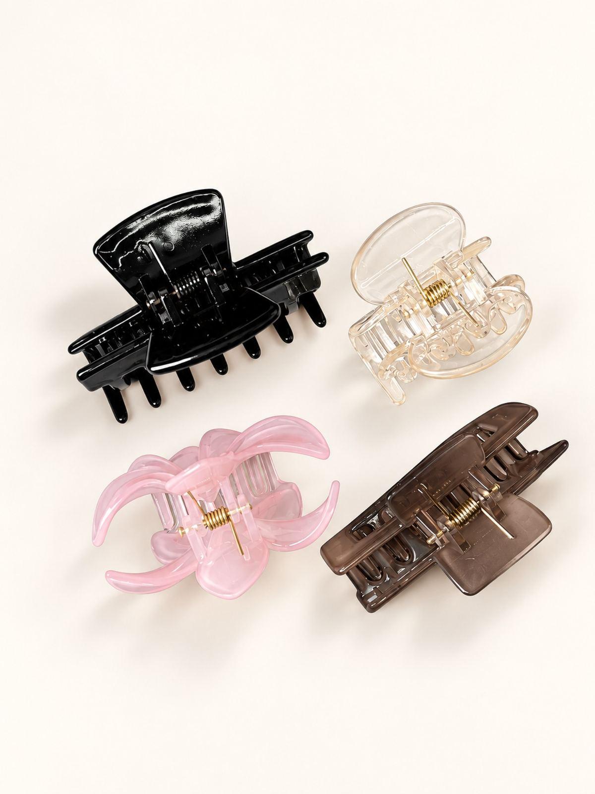 Four Style Hair Claw Clip Combo - Pack of 4 (Black, Clear, Pink & Brown)
