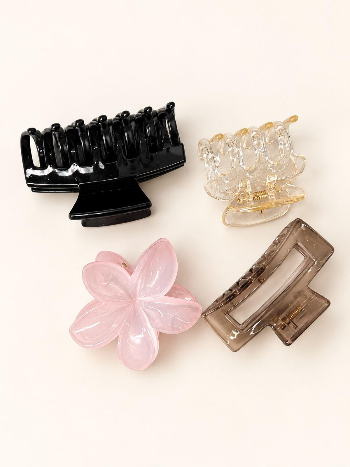 Four Style Hair Claw Clip Combo - Pack of 4 (Black, Clear, Pink & Brown)