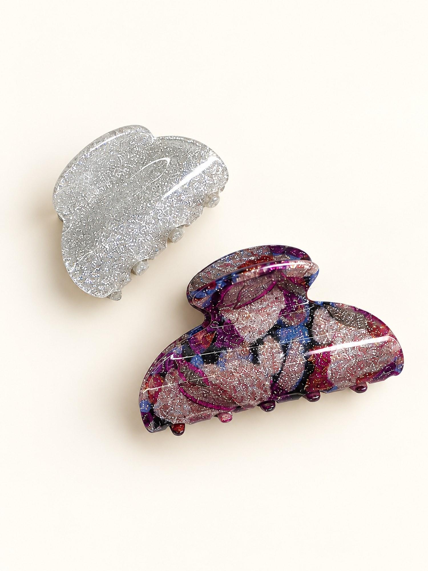 Glitter and Printed Hair Claw Clip Combo - Pack of 2 (Silver Glitter & Multicolour Print)