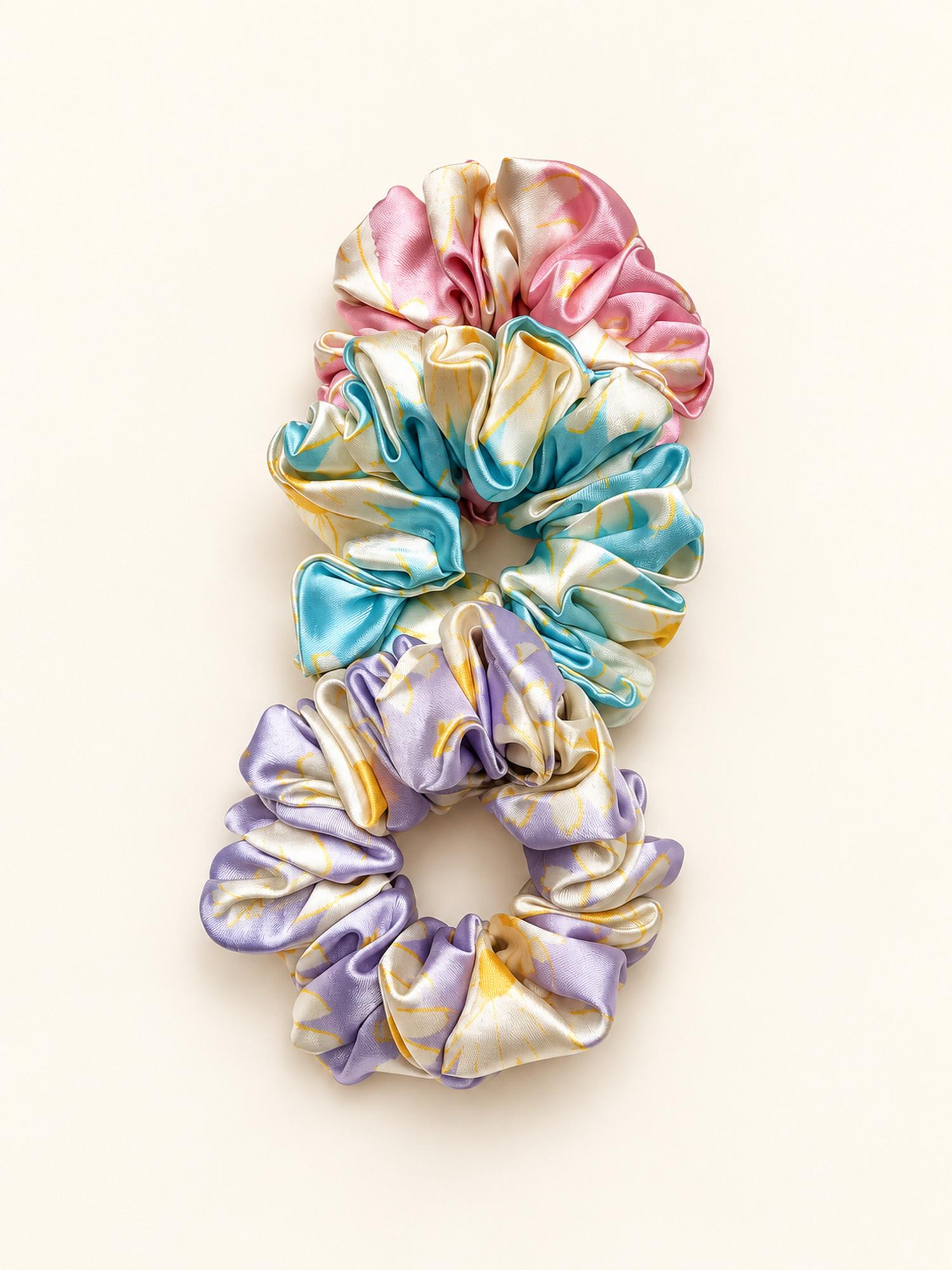 Printed Satin Hair Scrunchie Combo - Pack of 3 (Rose Pink, Turquoise Blue & Lavender)