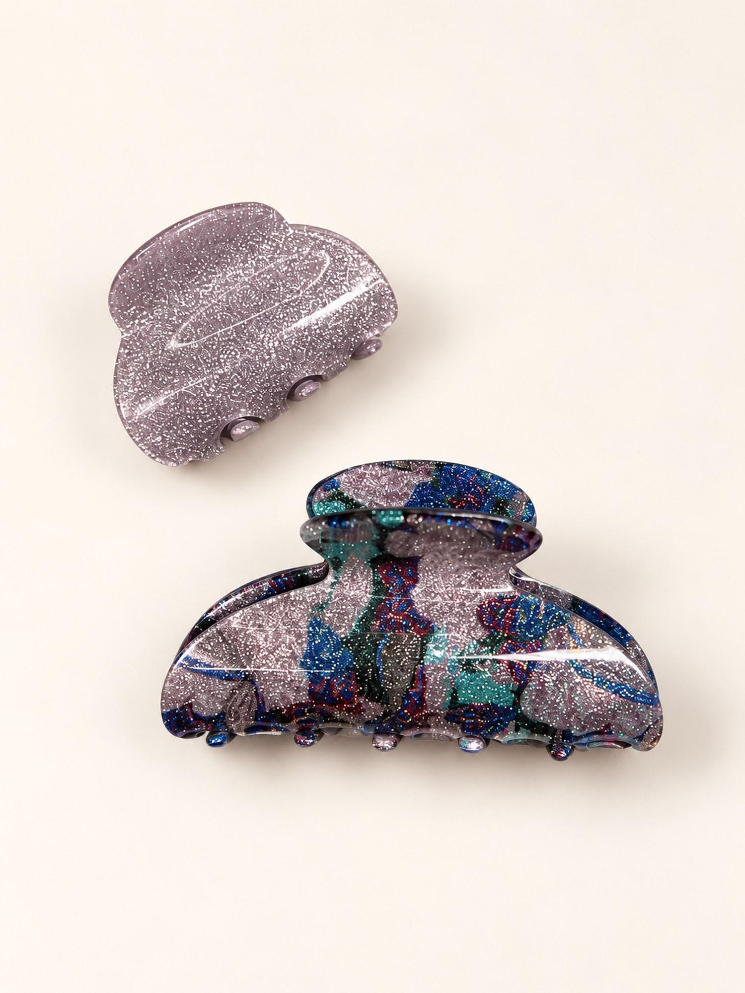 Glitter and Printed Hair Claw Clip Combo - Pack of 2 (Pink Glitter & Multicolour Print)