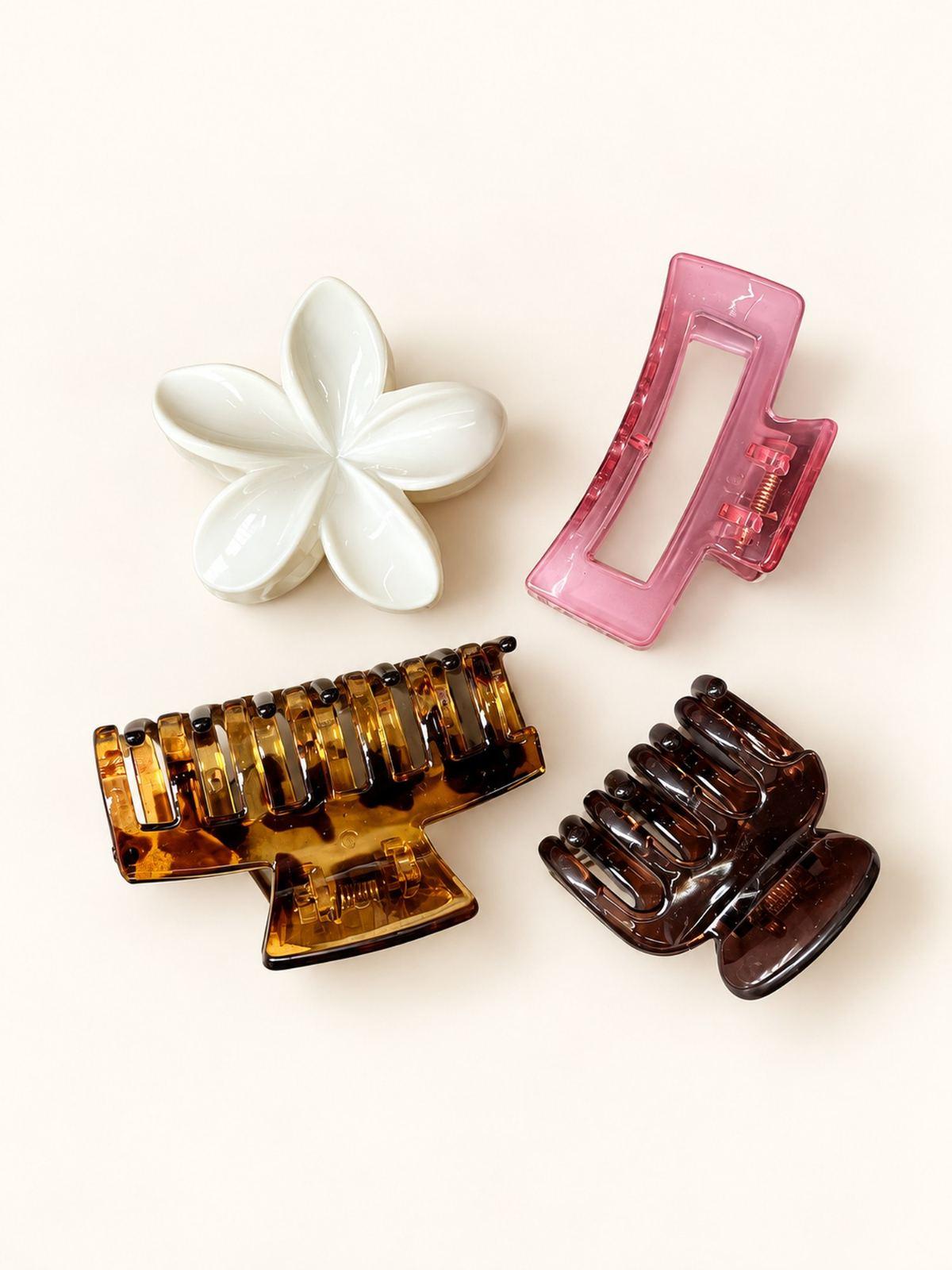 Four Style Hair Claw Clip Combo - Pack of 4 (White, Pink, Black & Amber)