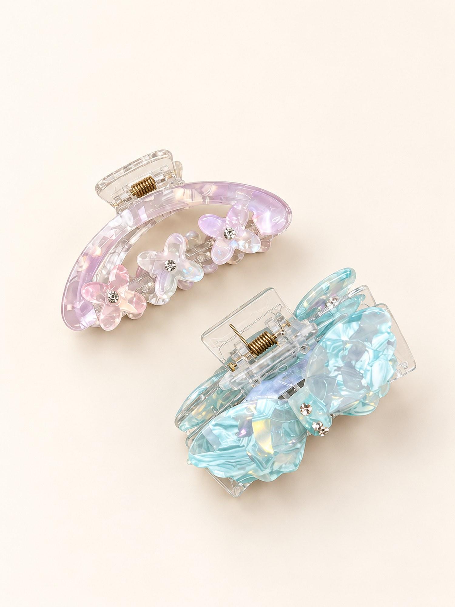 Flower Detail Hair Claw Clip Combo - Pack of 2 (Pink Flower & Aqua Flower)