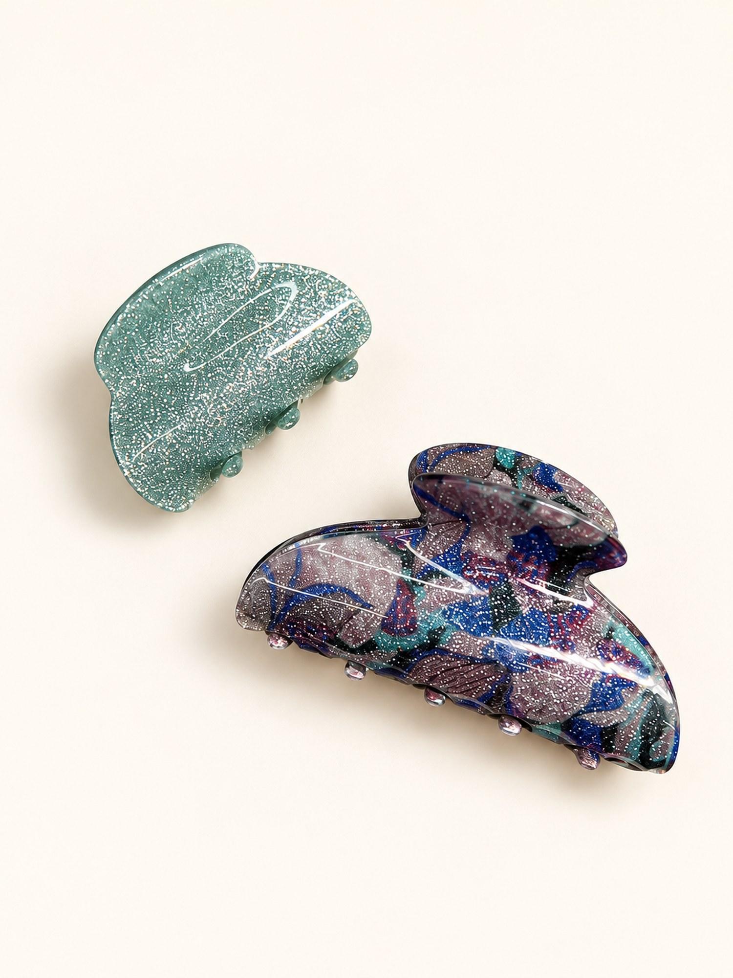 Glitter and Printed Hair Claw Clip Combo - Pack of 2 (Sage Glitter & Multicolour Print)