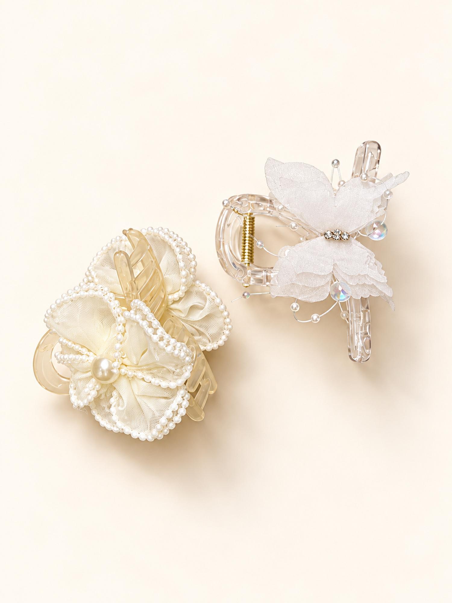 Ivory Flower & Clear Butterfly Hair Claw Clip Duo