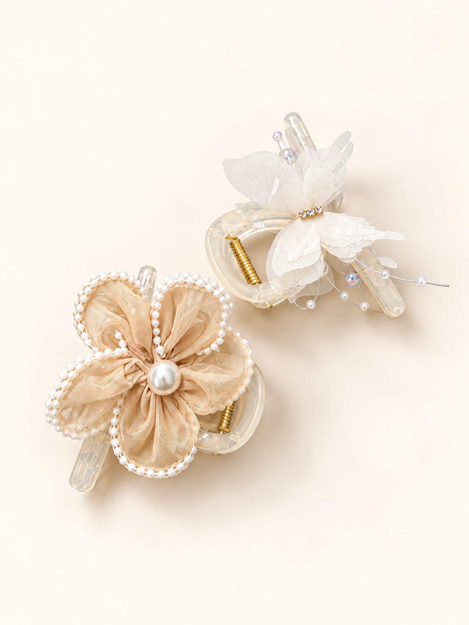 Beige Flower & White Butterfly Hair Claw Clip Duo