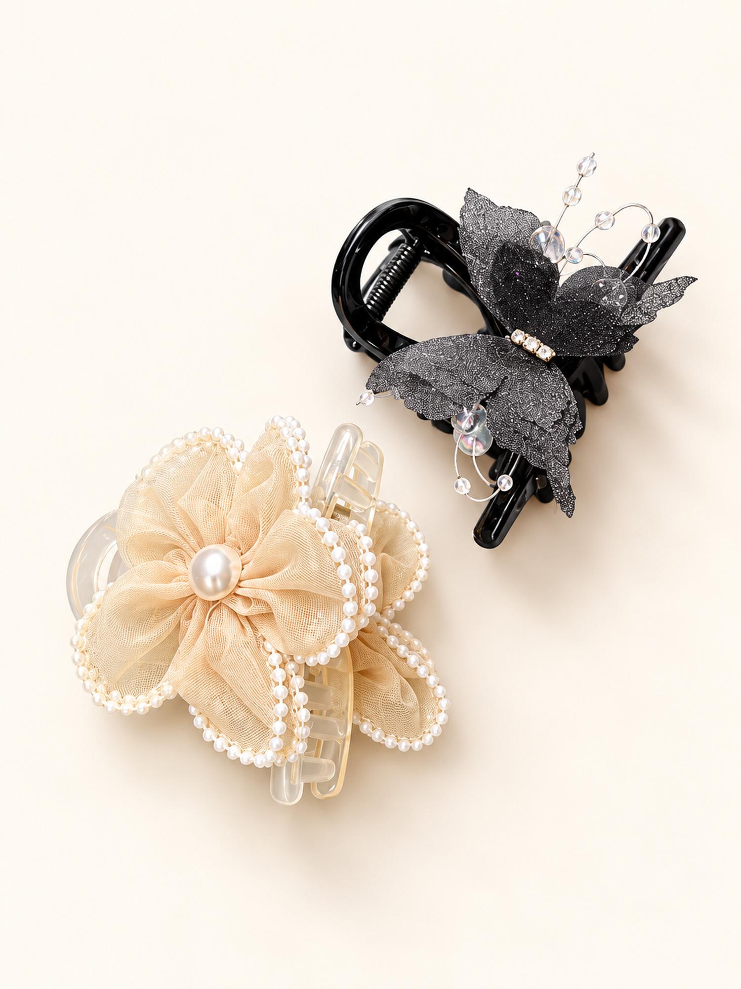 Ivory Flower & Black Butterfly Hair Claw Clip Duo