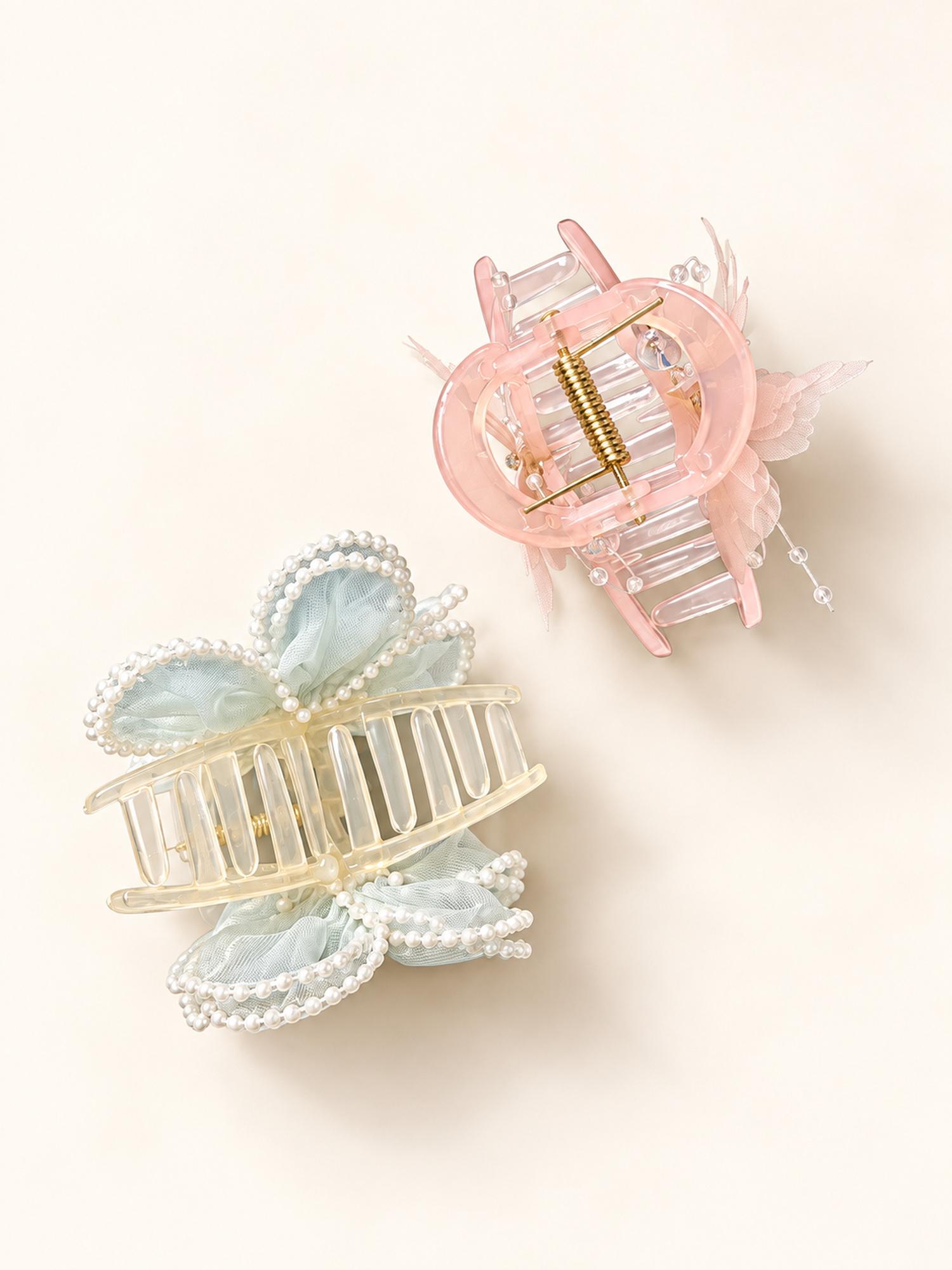 Mint Flower & Pink Butterfly Hair Claw Clip Duo