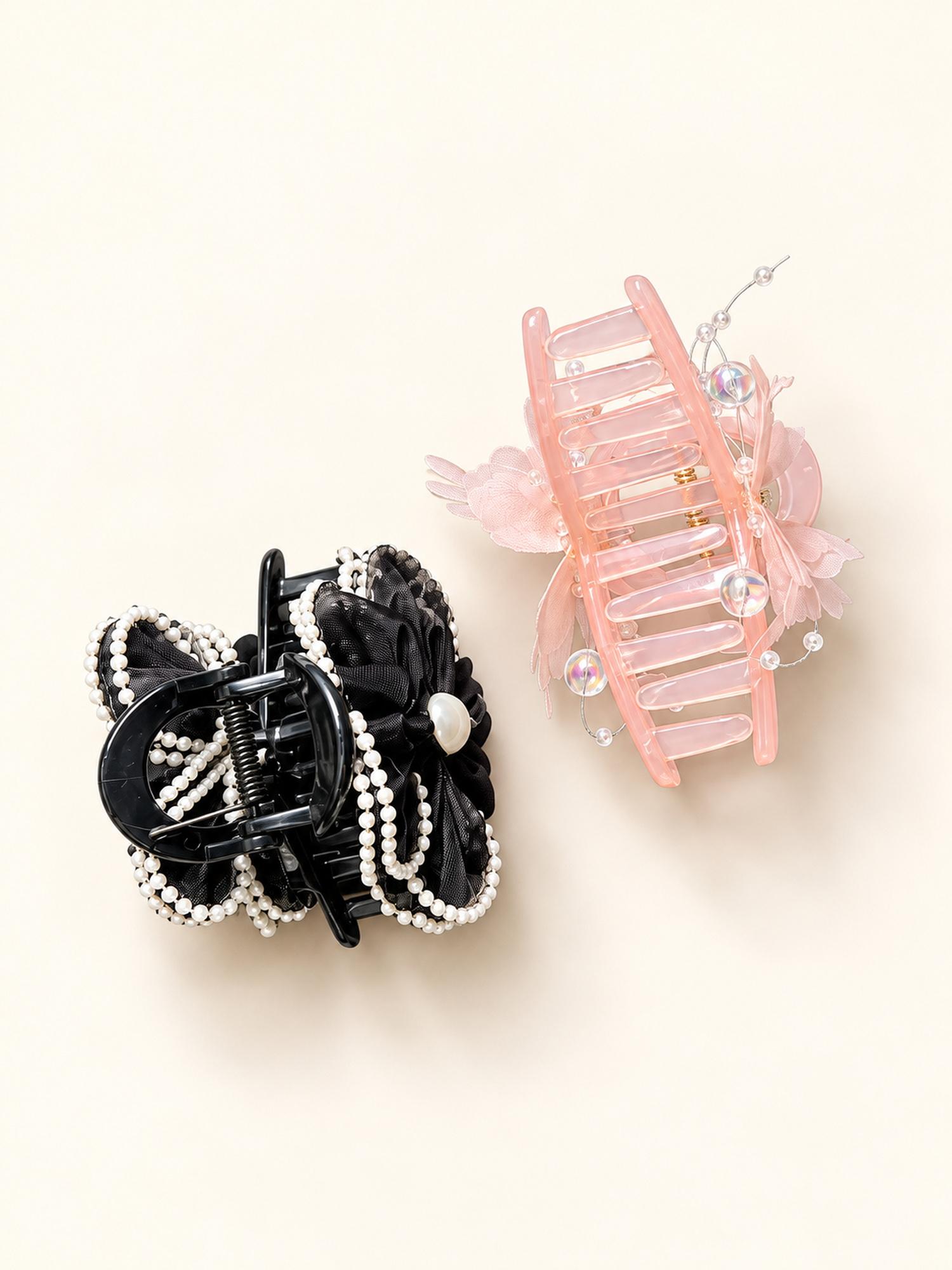 Black Flower & Pink Butterfly Hair Claw Clip Duo