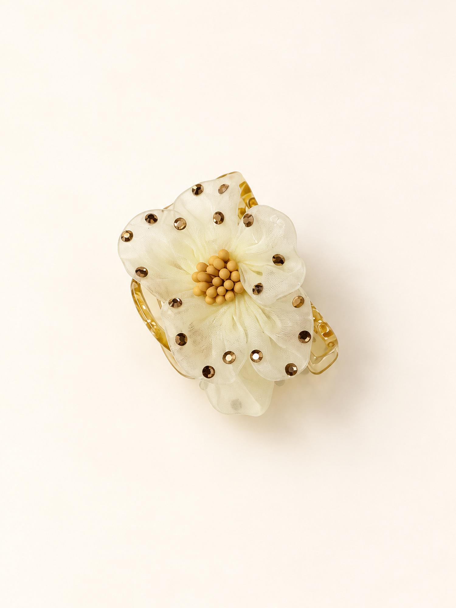 Ivory Beaded Flower Hair Claw Clip