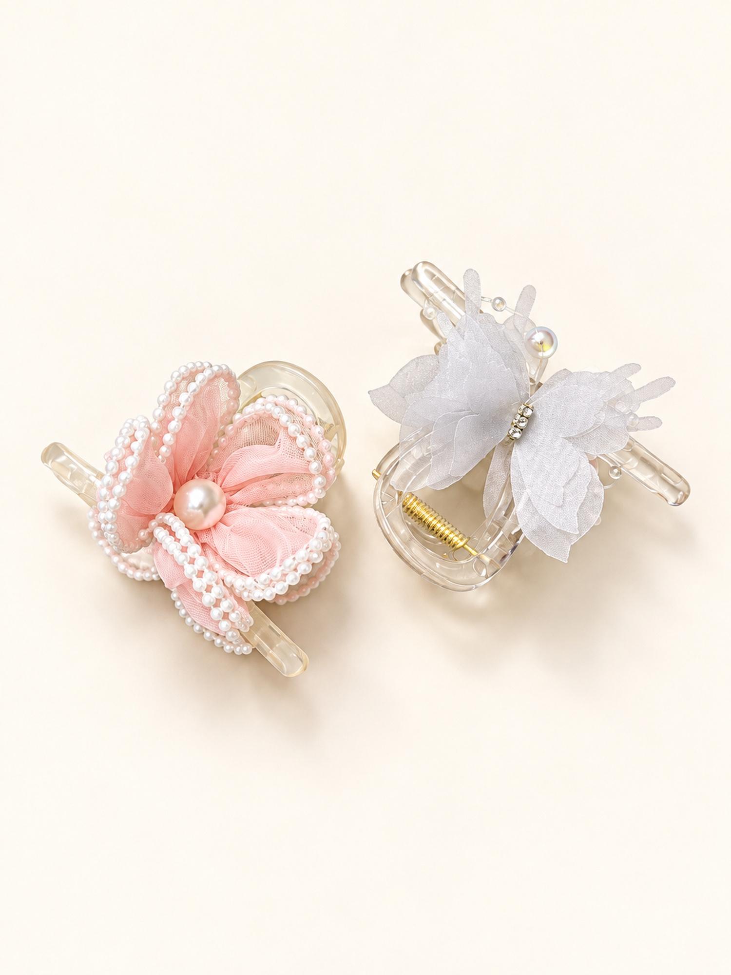 Pink Flower & Clear Butterfly Hair Claw Clip Duo