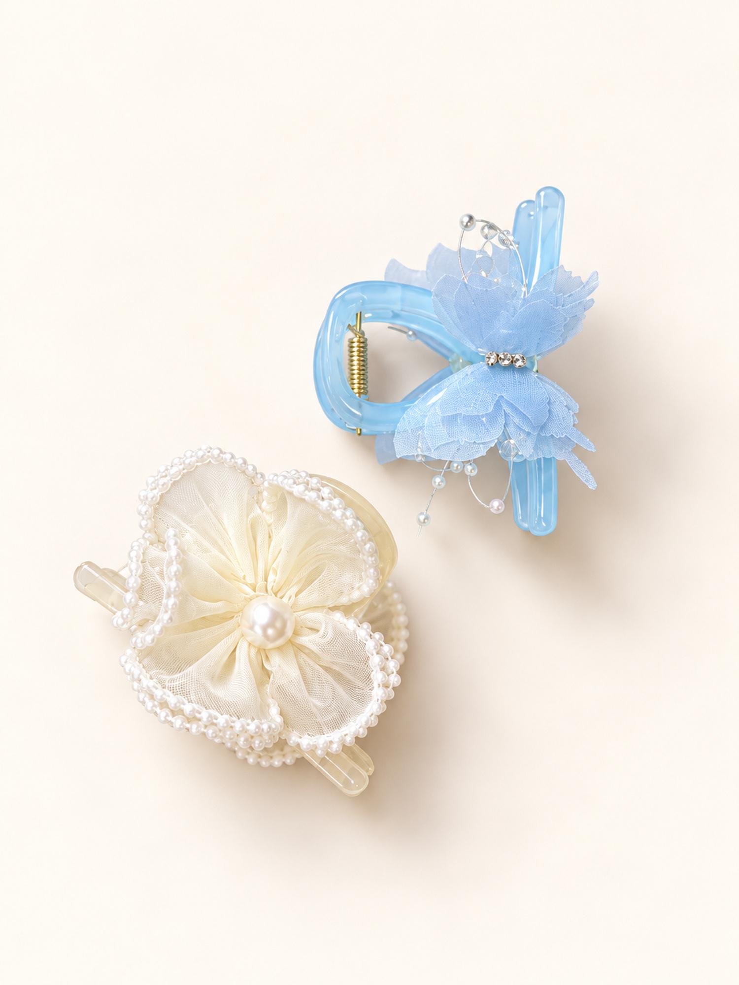 Ivory Flower & Blue Butterfly Hair Claw Clip Duo