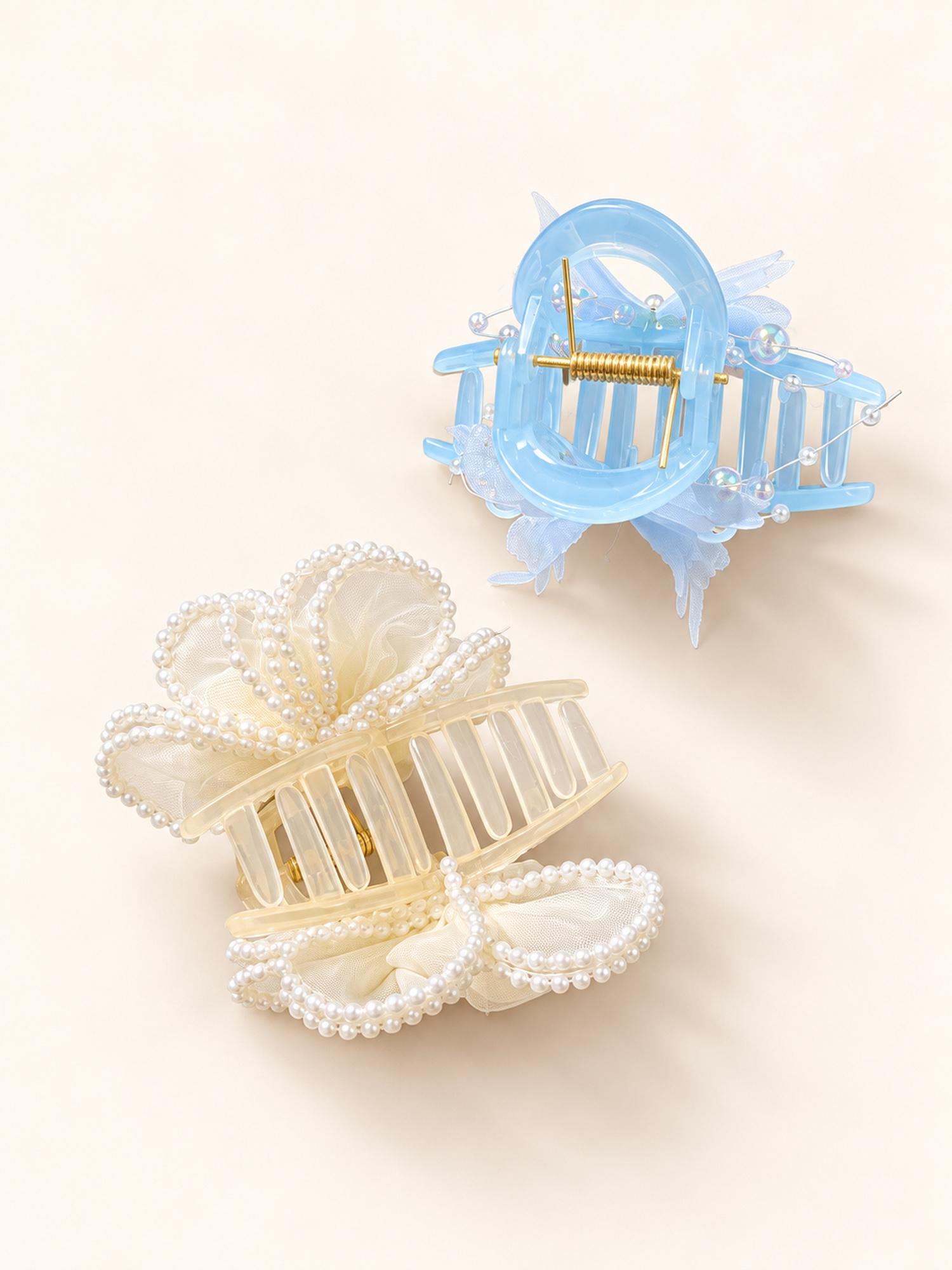 Ivory Flower & Blue Butterfly Hair Claw Clip Duo