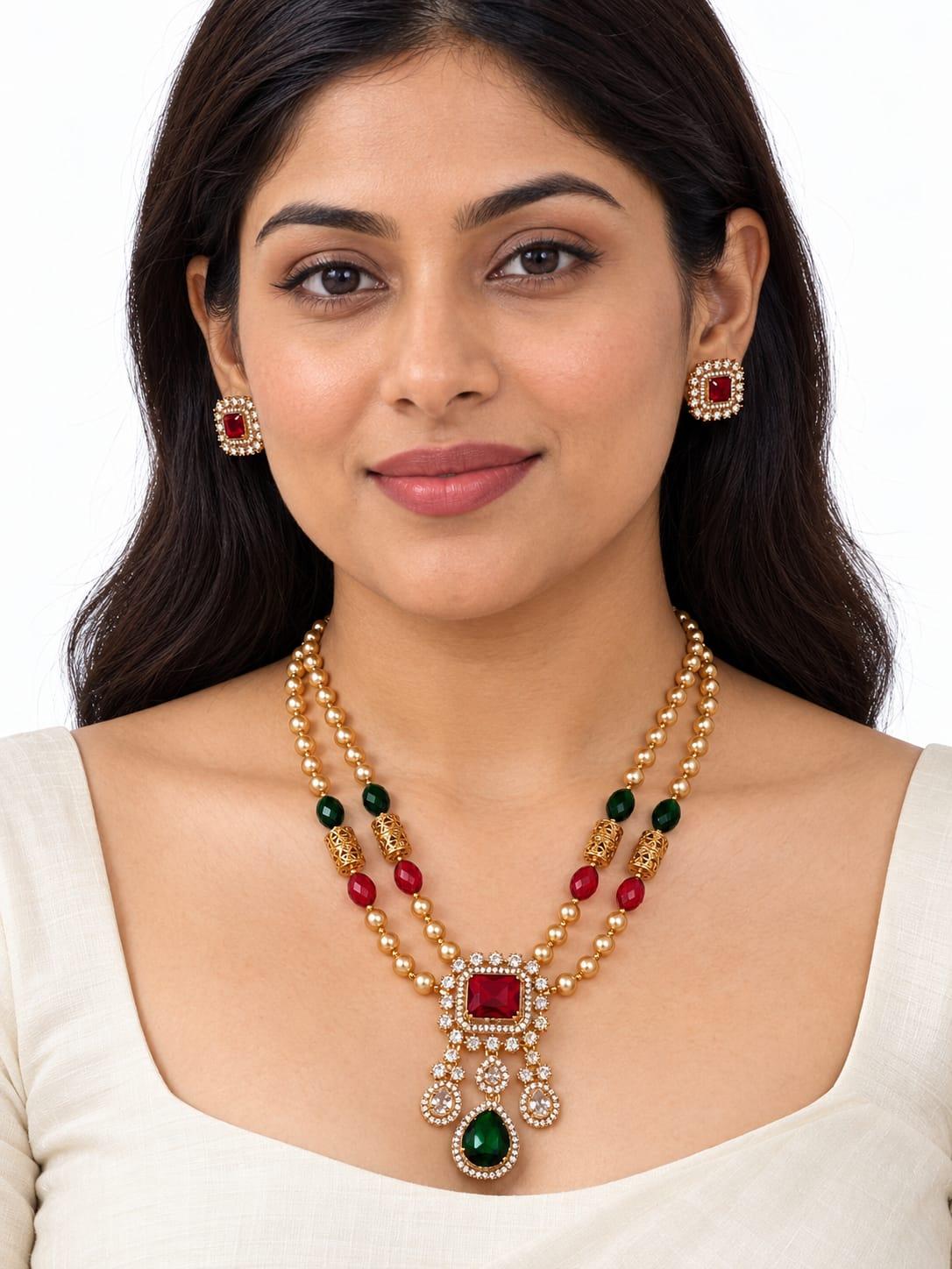 Ruby Emerald Pearl Pendant Set