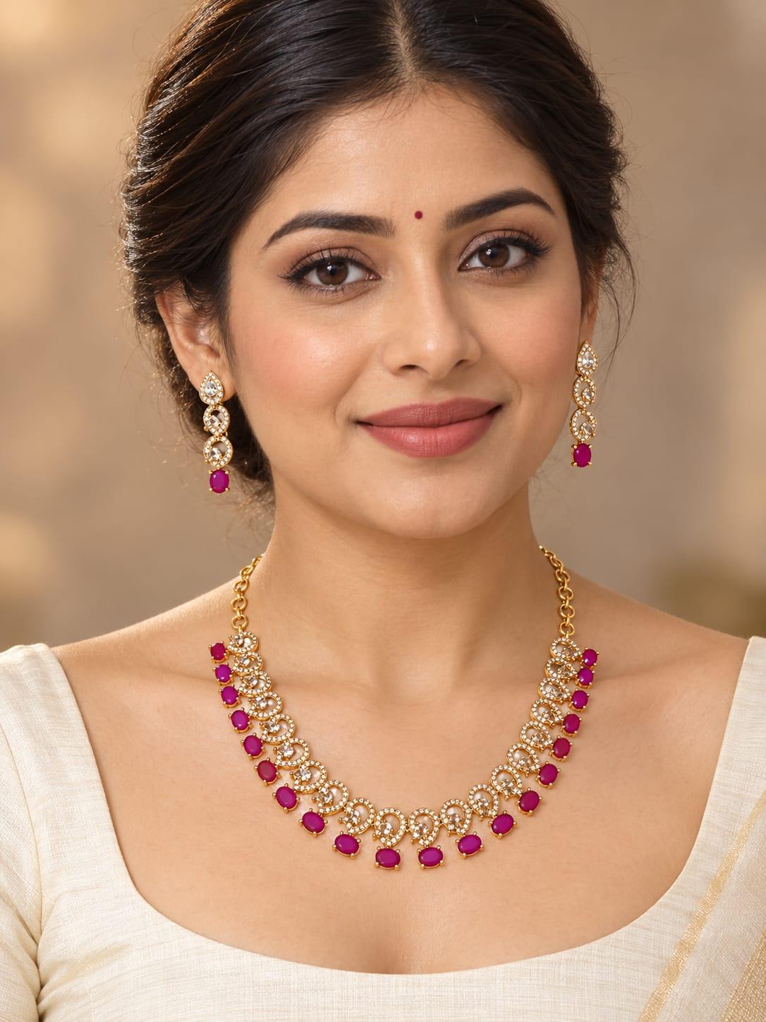 Magenta Crystal Teardrop Necklace Set