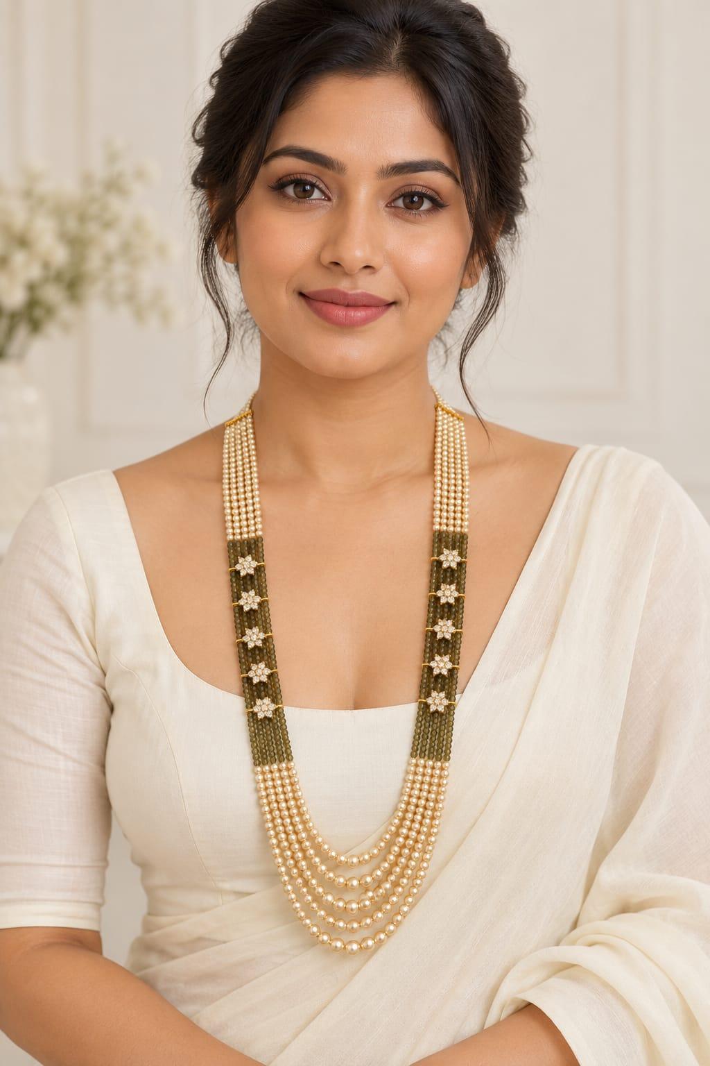 Olive Pearl Floral Layered Necklace