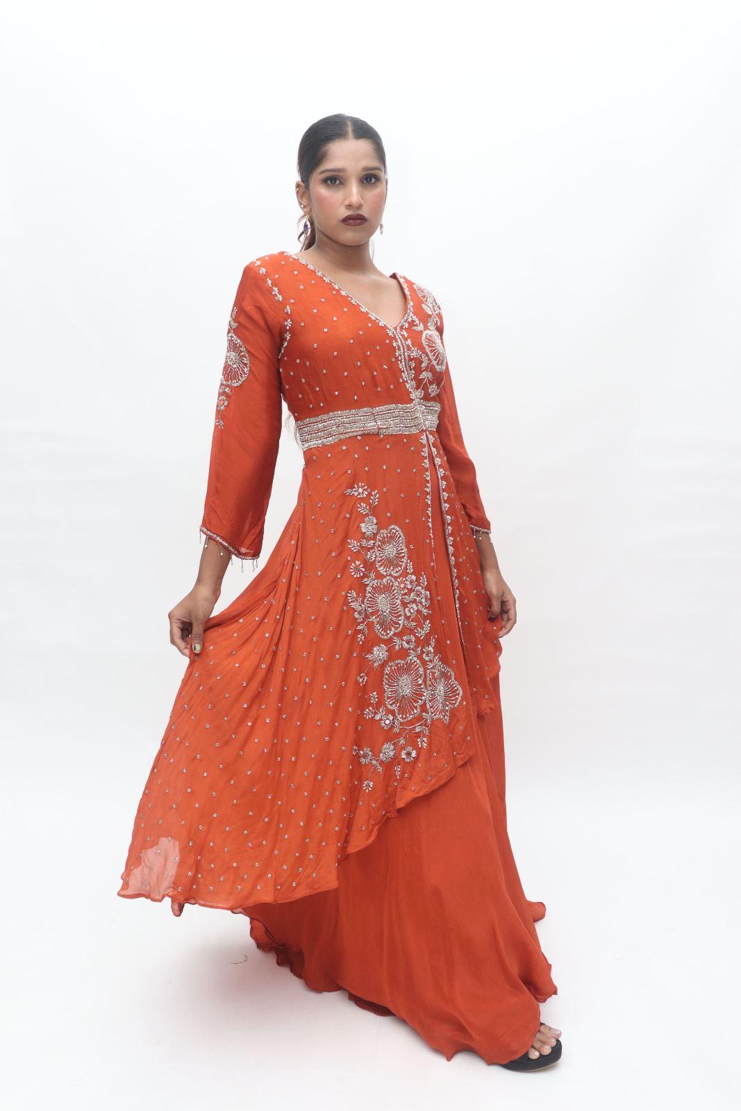 Rust Orange Draped Embroidered Anarkali Gown