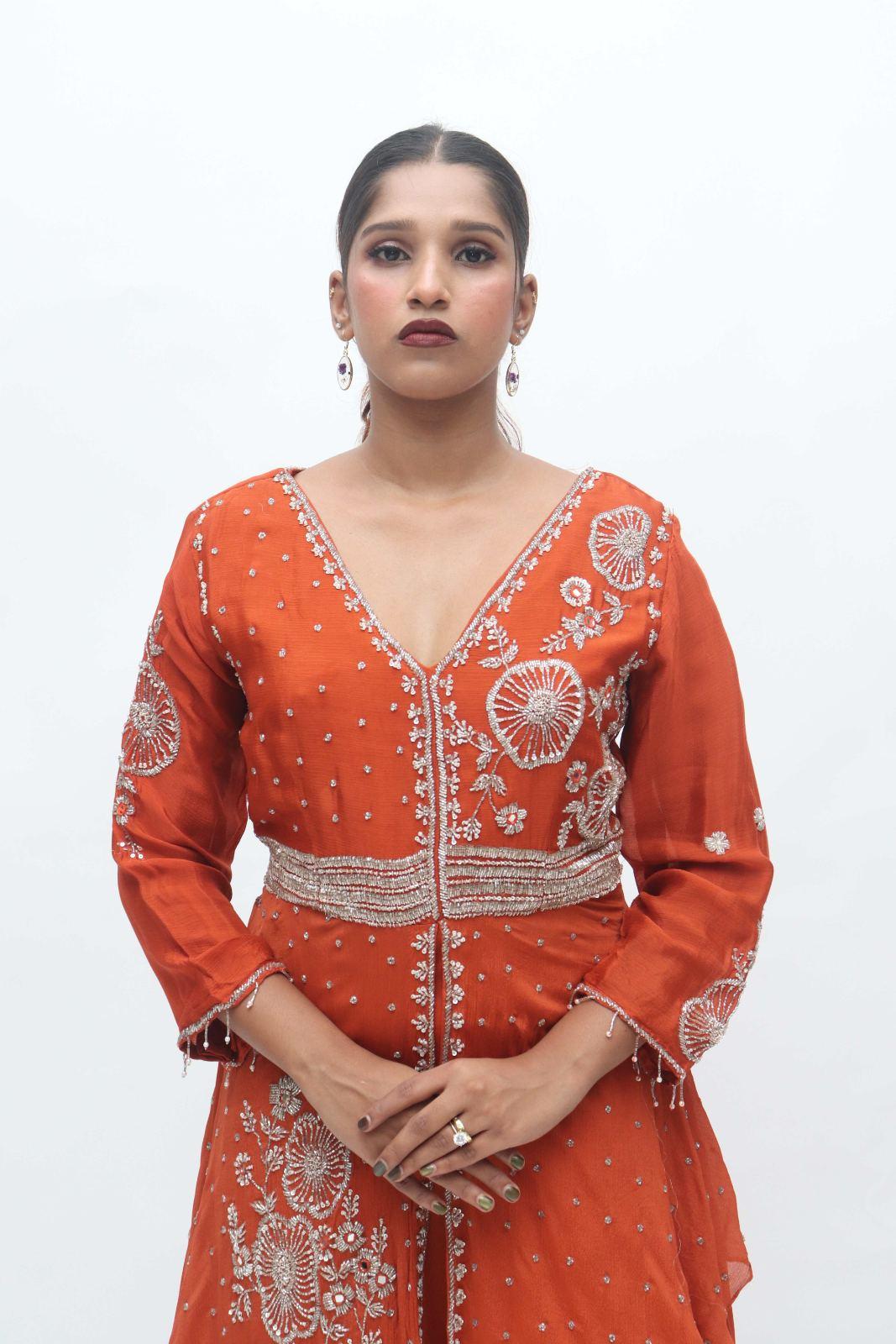 Rust Orange Draped Embroidered Anarkali Gown