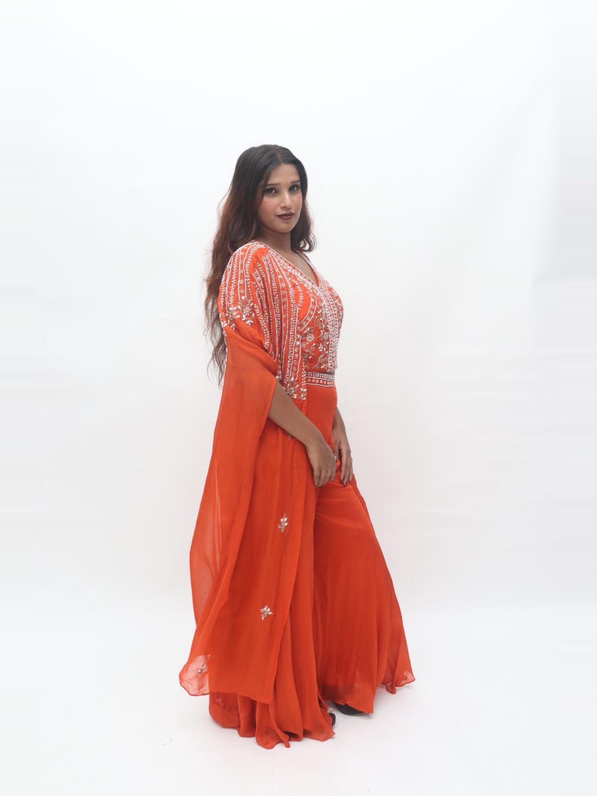 Orange Embroidered 3 Piece Suit Set