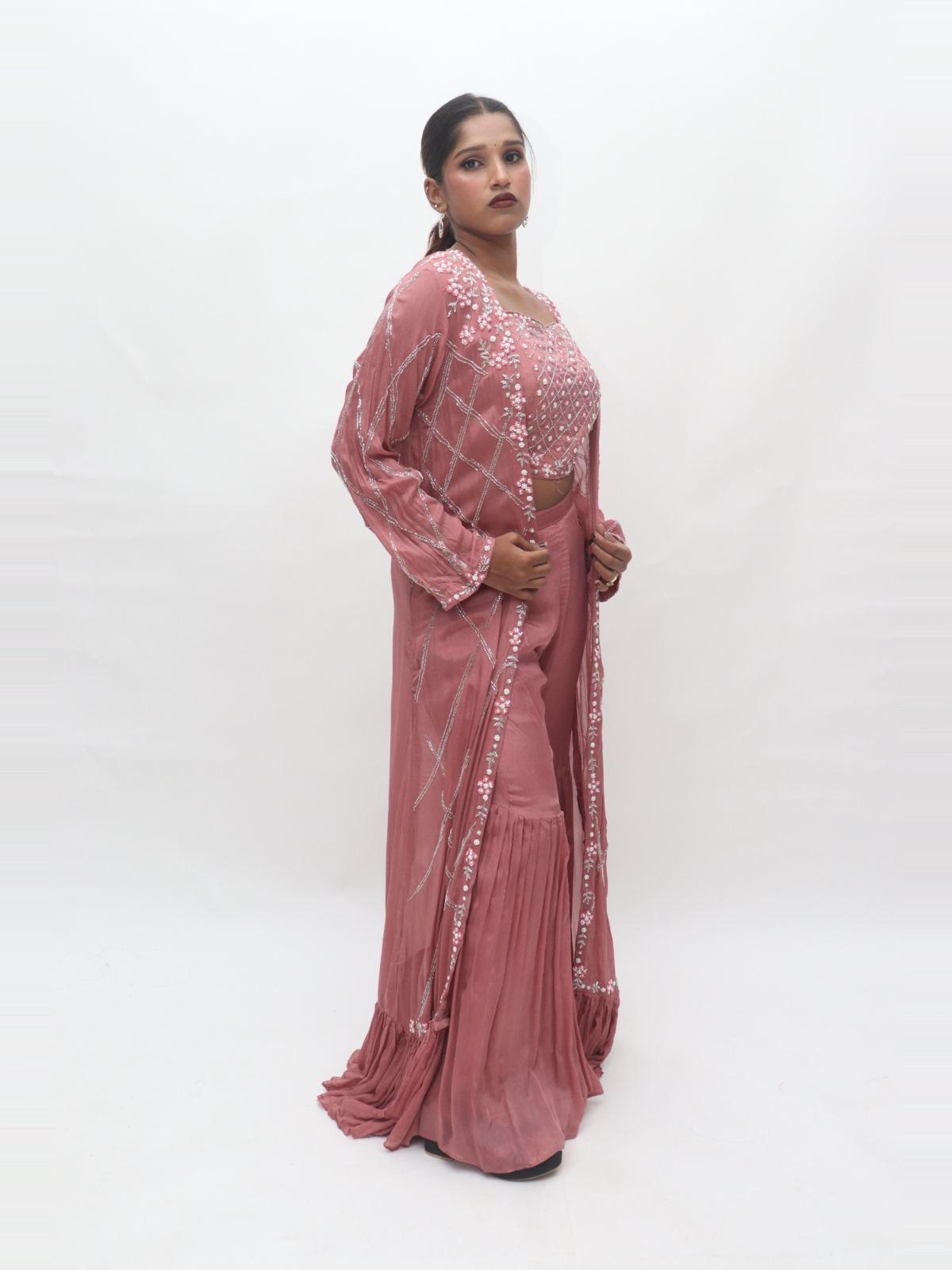 Dusty Rose Pearl Embroidered 3 Piece Suit Set