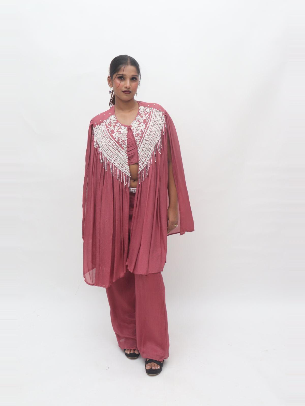 Wine Maroon Sequin Embellished Cape Palazzo Set