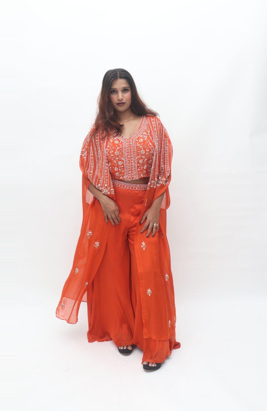 Orange Embroidered 3 Piece Suit Set