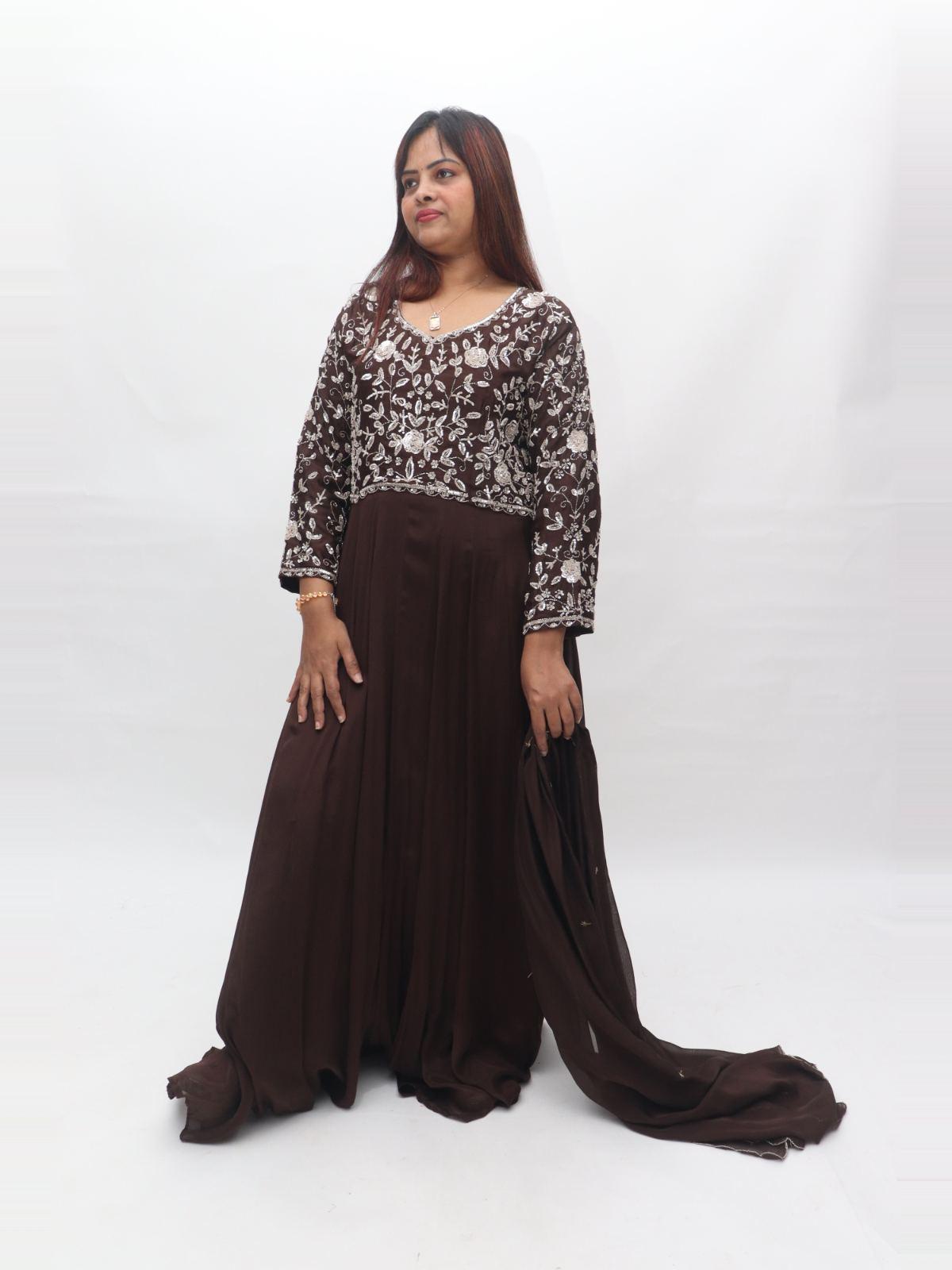 Coffee Brown Floral Embroidered Drape Gown