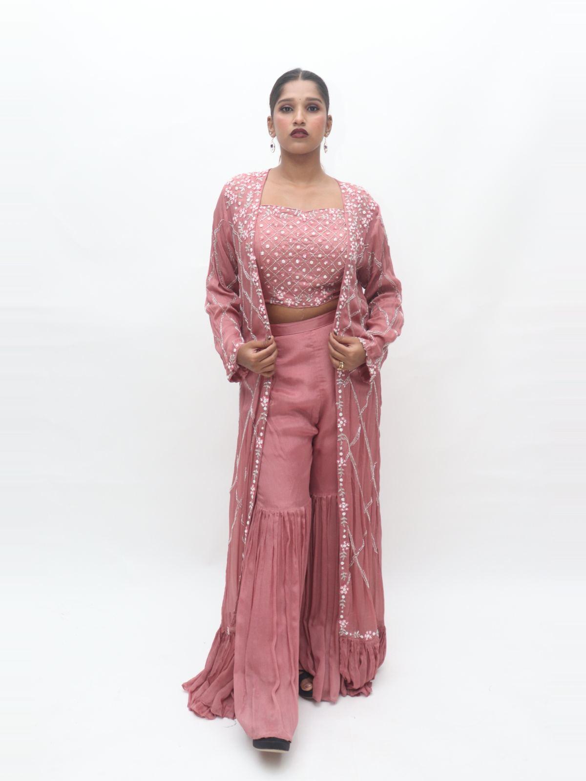 Dusty Rose Pearl Embroidered 3 Piece Suit Set