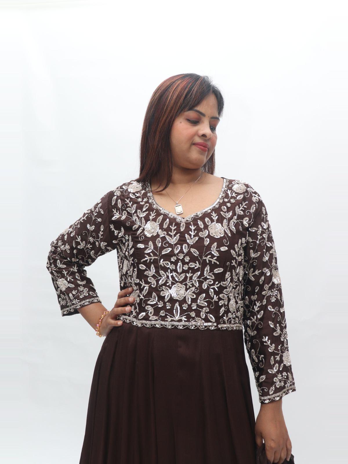 Coffee Brown Floral Embroidered Drape Gown