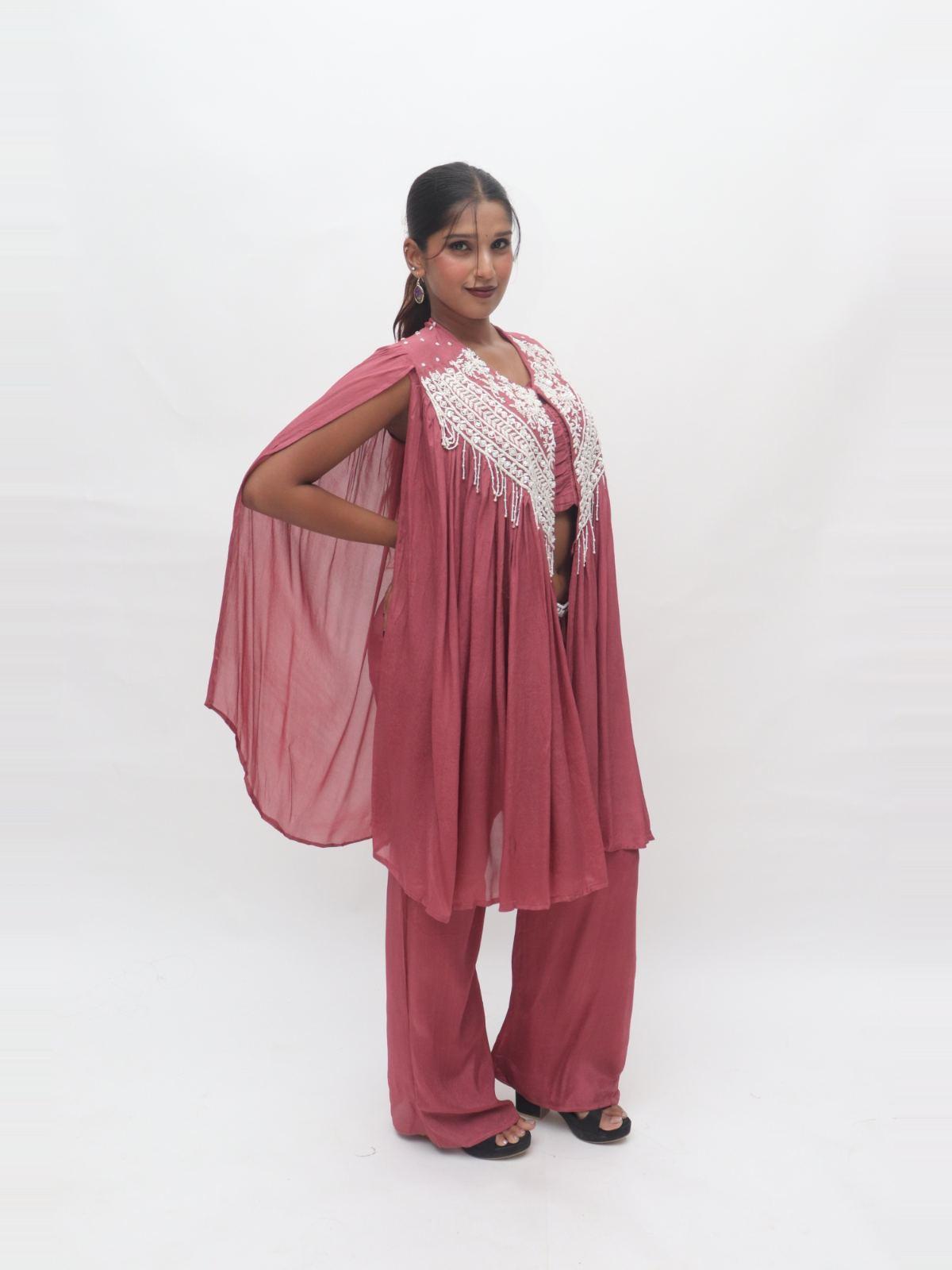 Wine Maroon Sequin Embellished Cape Palazzo Set