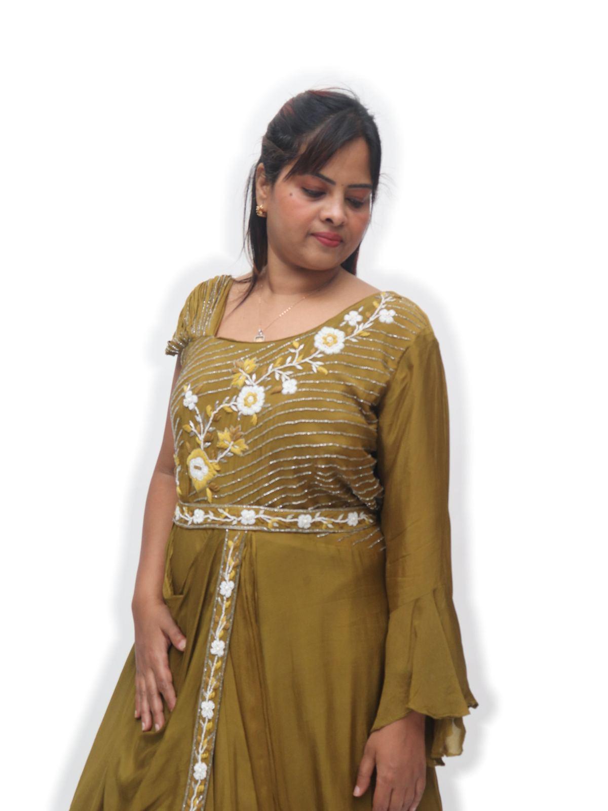Olive Green Floral Embroidered Asymmetric Drape Gown