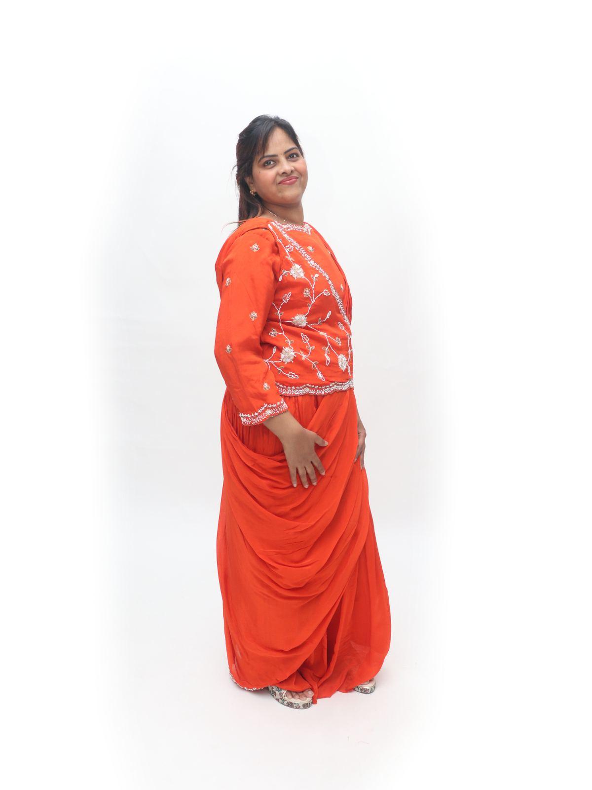 Vermilion Red Floral Embroidered Pre-Draped Saree Set