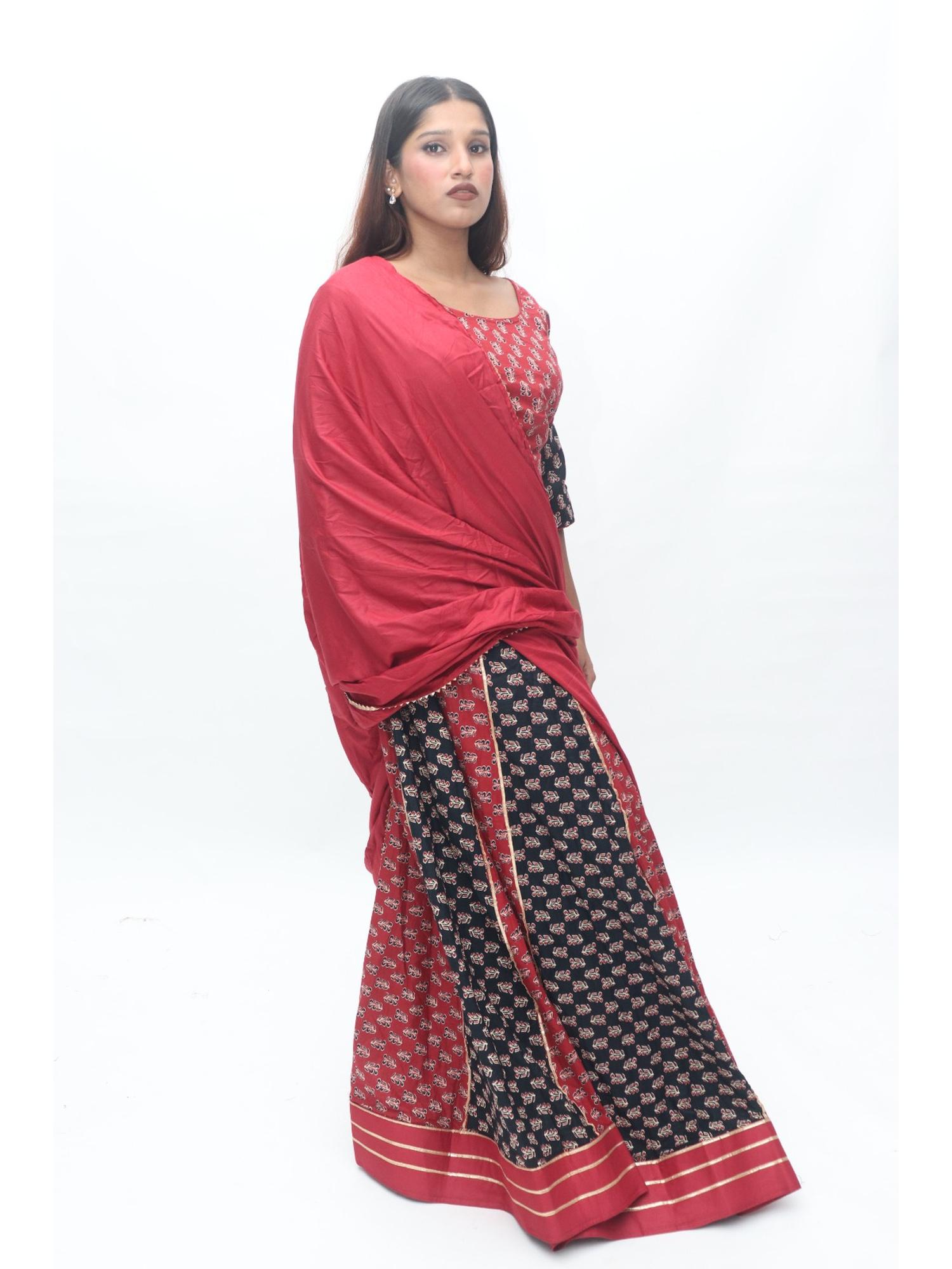 Red Black Printed Lehenga Set