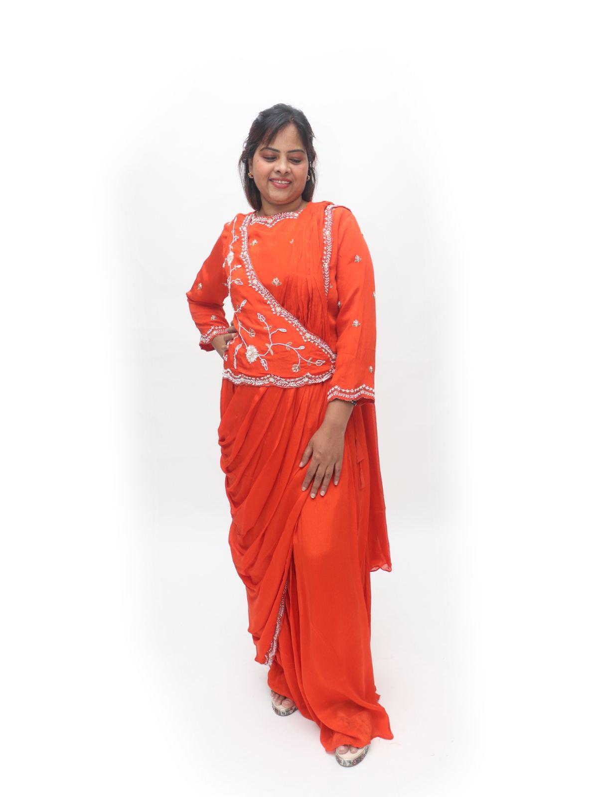 Vermilion Red Floral Embroidered Pre-Draped Saree Set
