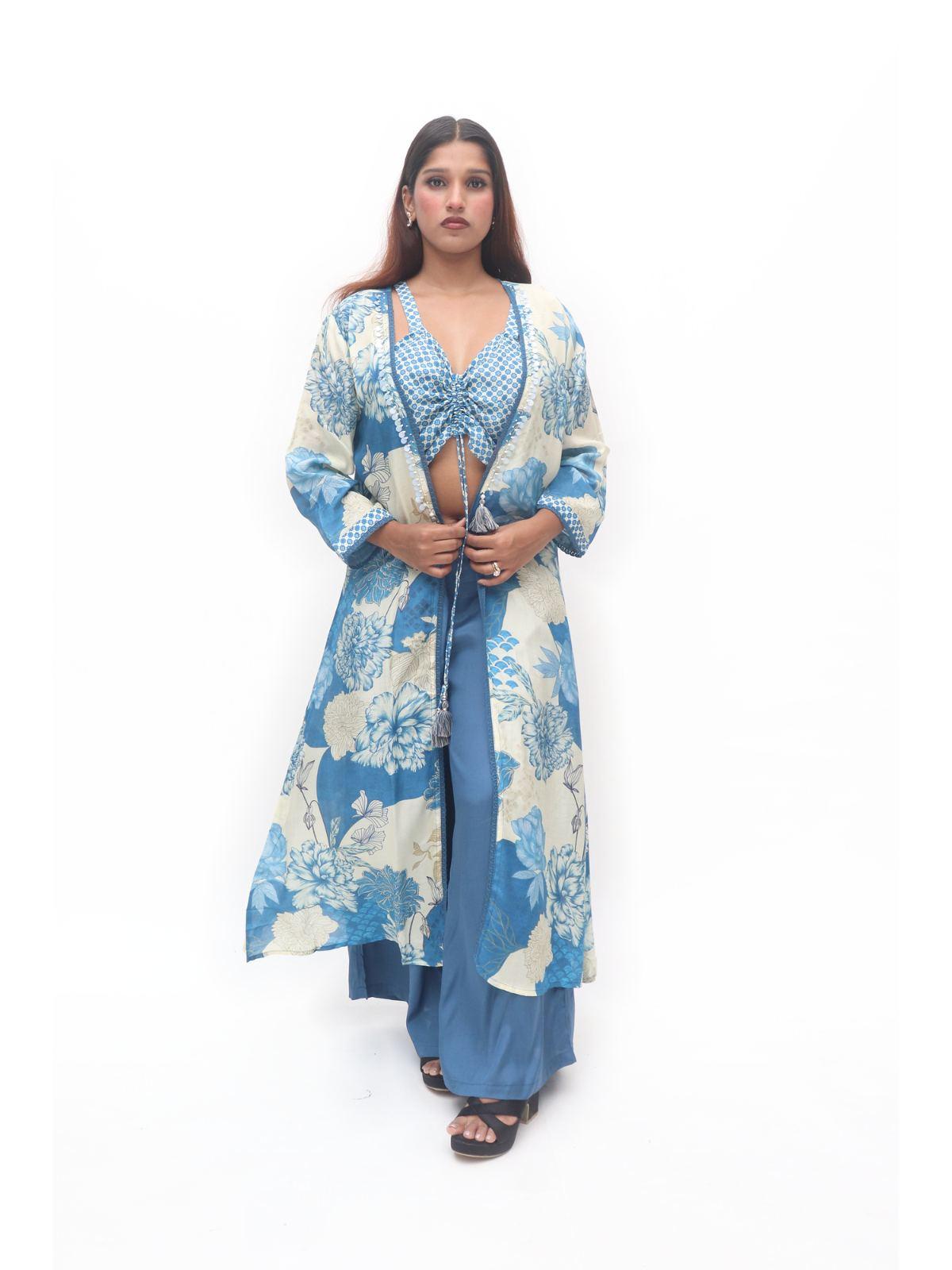 Royal Blue Floral Brocade Long Jacket Draped Skirt Set