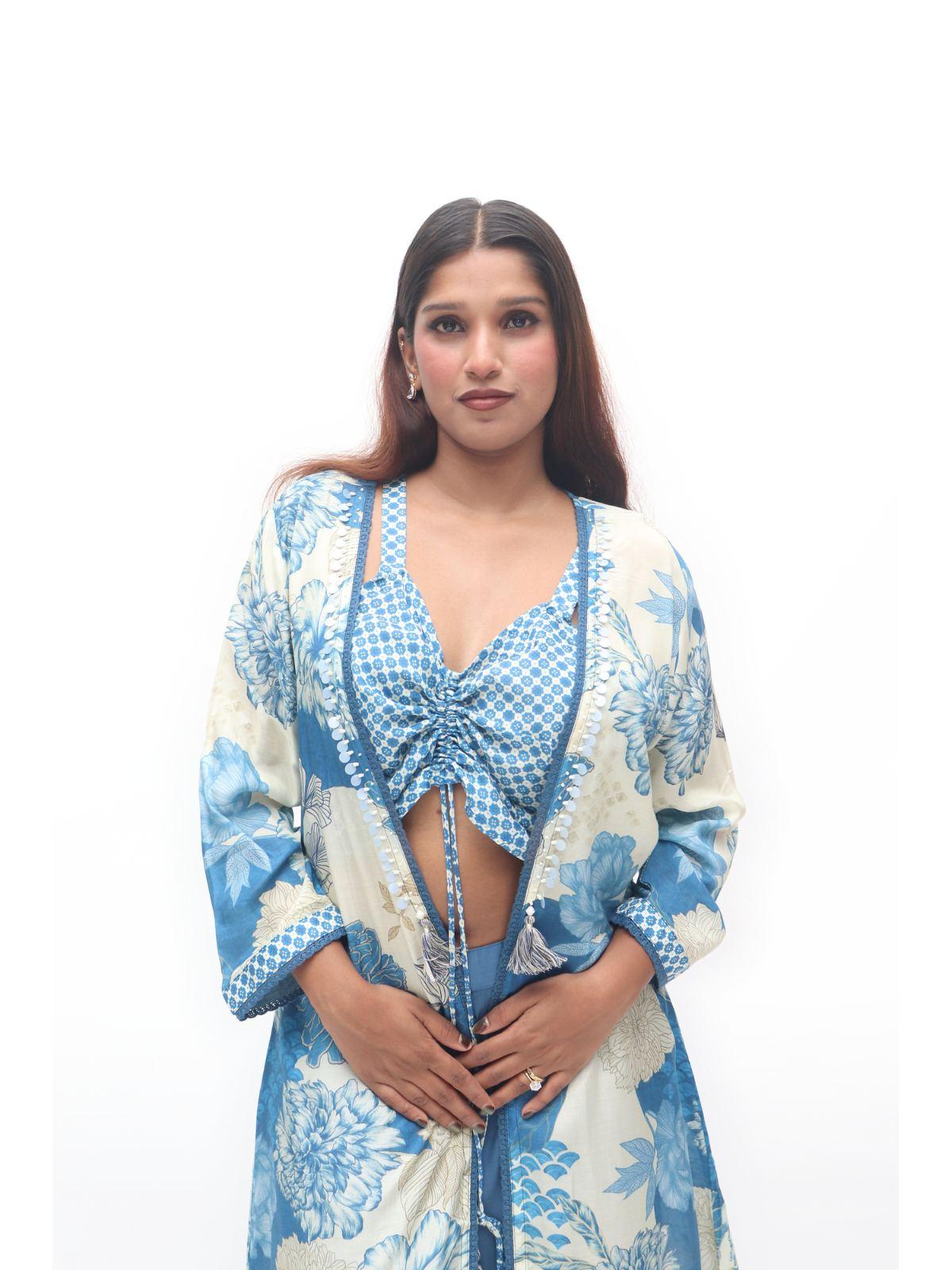 Royal Blue Floral Brocade Long Jacket Draped Skirt Set